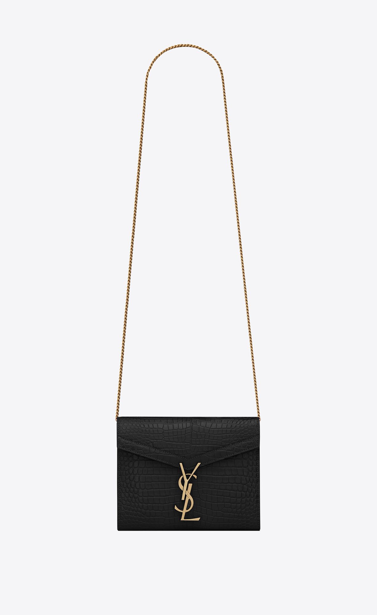 YSL Cassandra Chain Wallet In Crocodile-embossed Shiny Leder Schwarz | 58139-CXYT