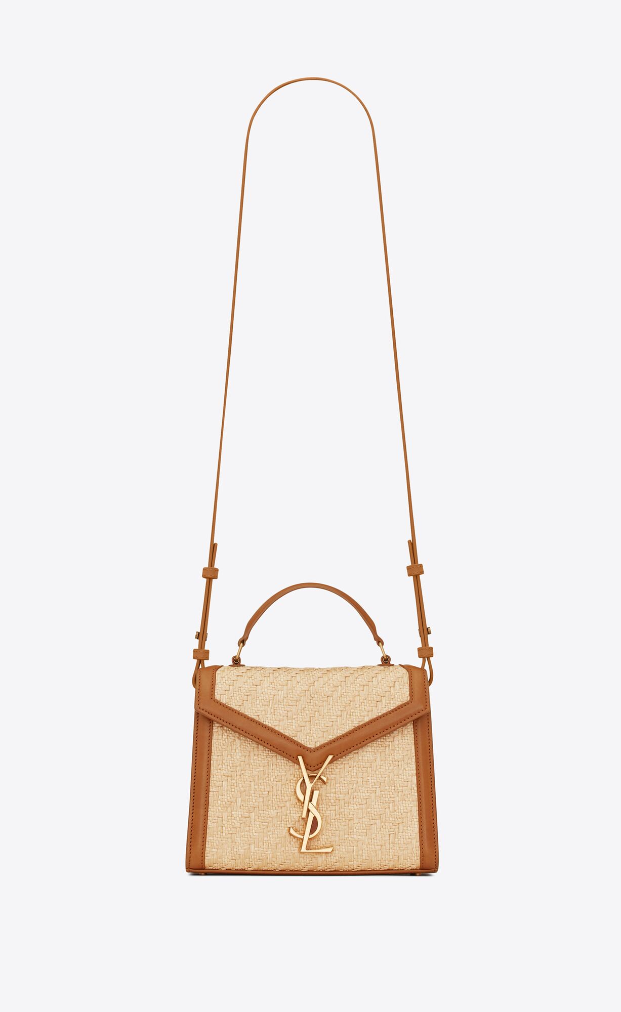 YSL Cassandra Mini Top Handle Bag In Raffia And Vegetable-tanned Leder Beige Braun Dunkelrot | 25749-UHJR