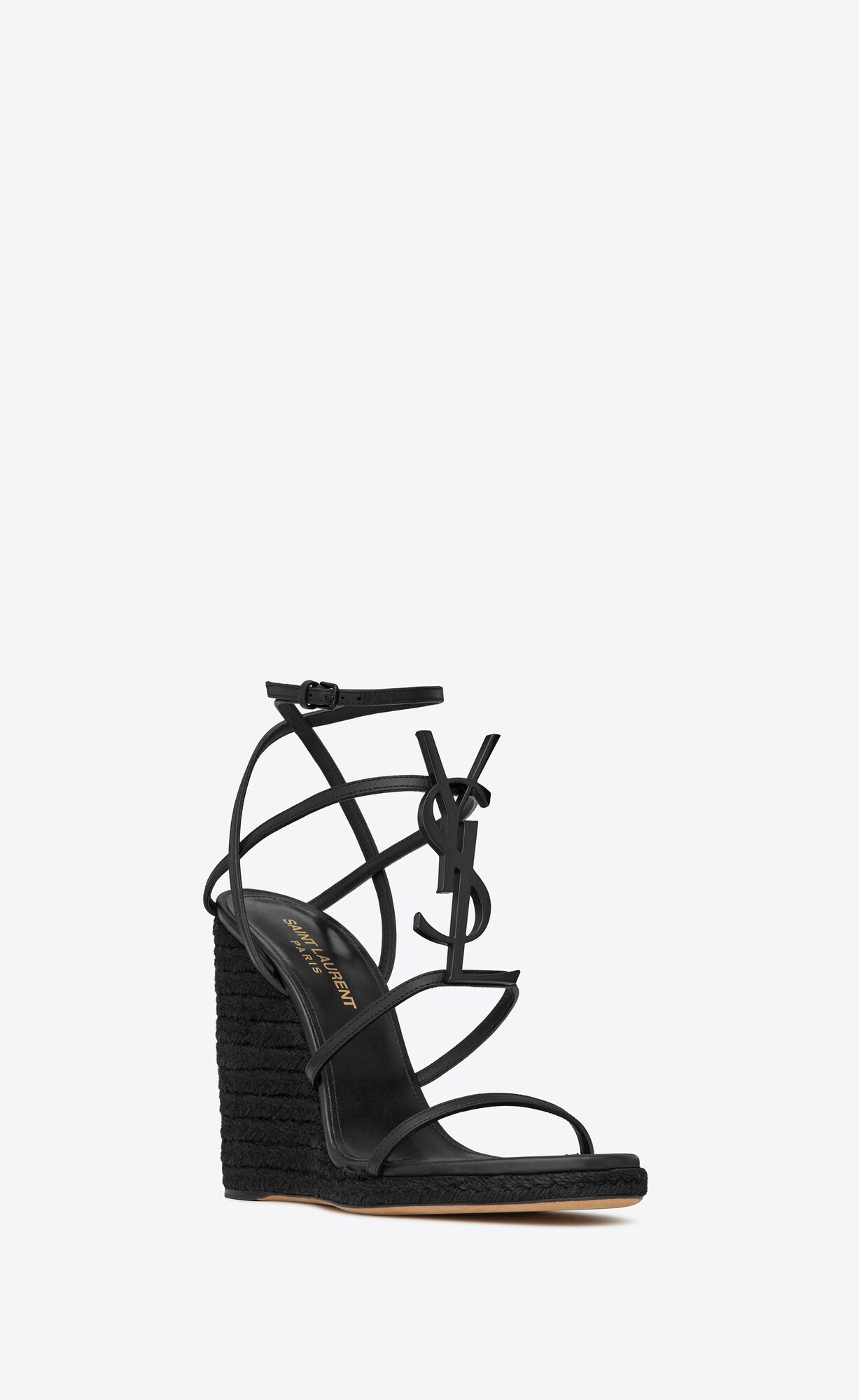 YSL Cassandra Wedge Espadrilles In Leder Schwarz | 03468-ZHWP