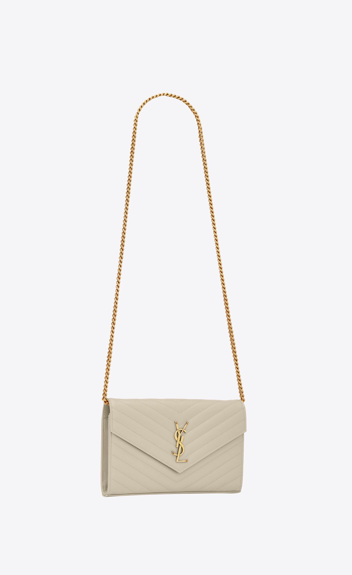 YSL Cassandre Matelassé Chain Wallet In Grain De Poudre Embossed Leder Blanc Vintage | 43586-FKQZ