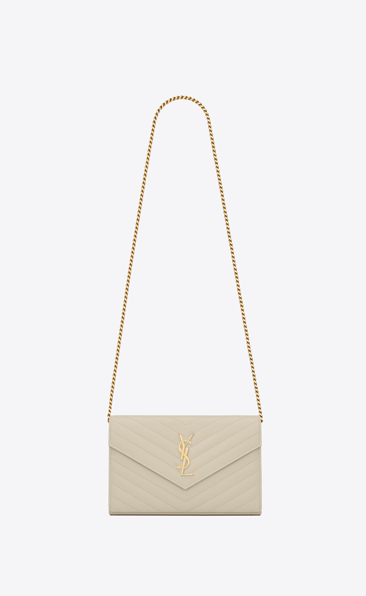 YSL Cassandre Matelassé Chain Wallet In Grain De Poudre Embossed Leder Blanc Vintage | 43586-FKQZ