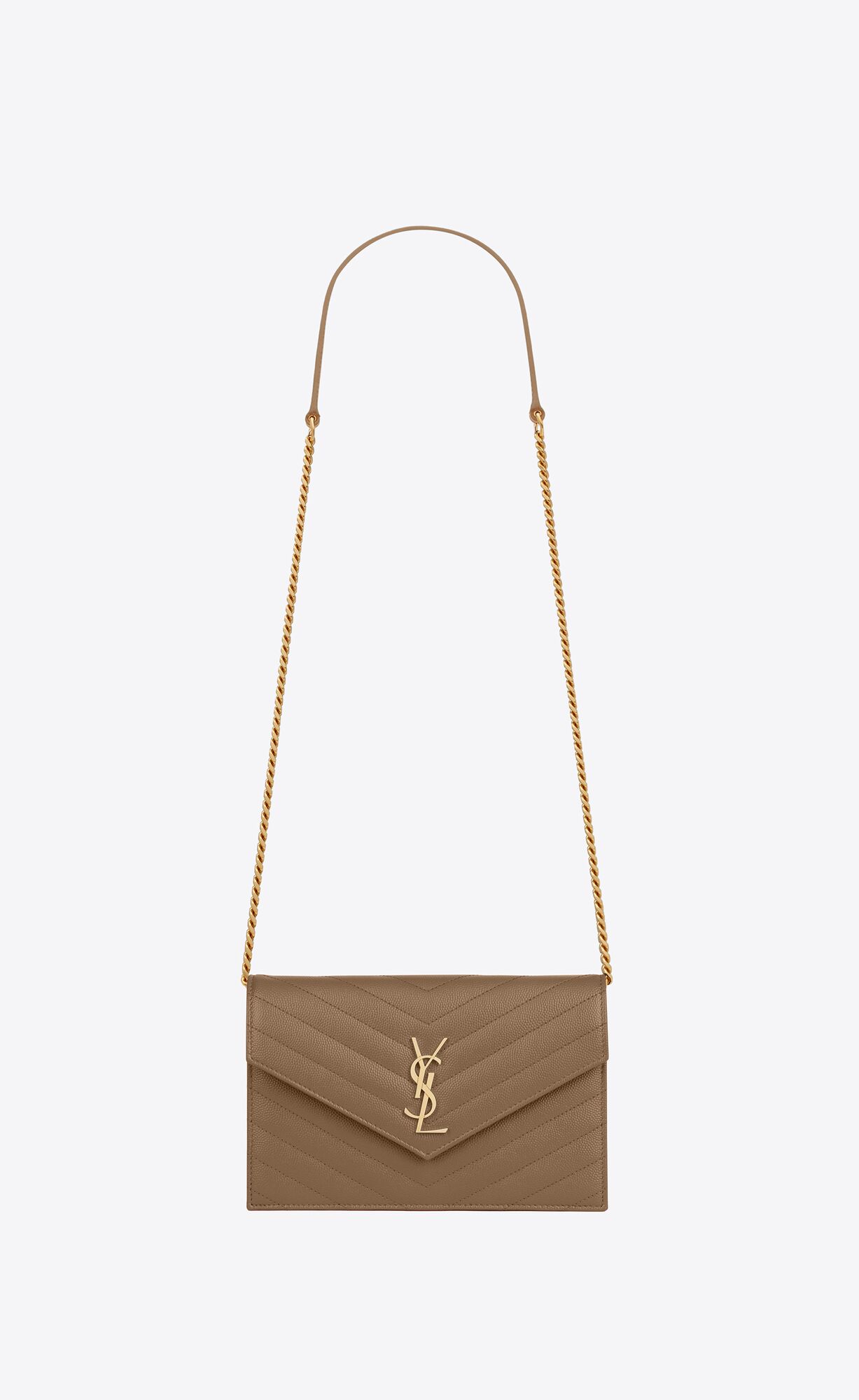 YSL Cassandre Matelassé Envelope Chain Wallet In Grain De Poudre Embossed Leder Grau Braun | 04589-VSKJ