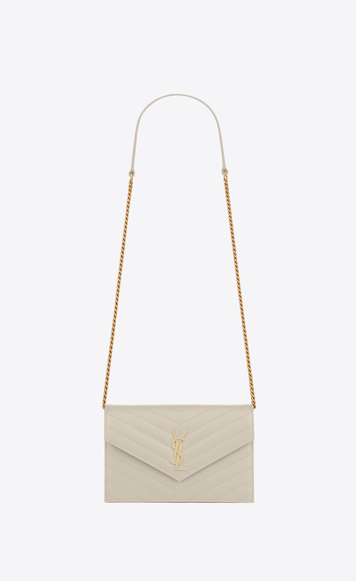 YSL Cassandre Matelassé Envelope Chain Wallet In Grain De Poudre Embossed Leder Crema Soft | 25384-TMOZ