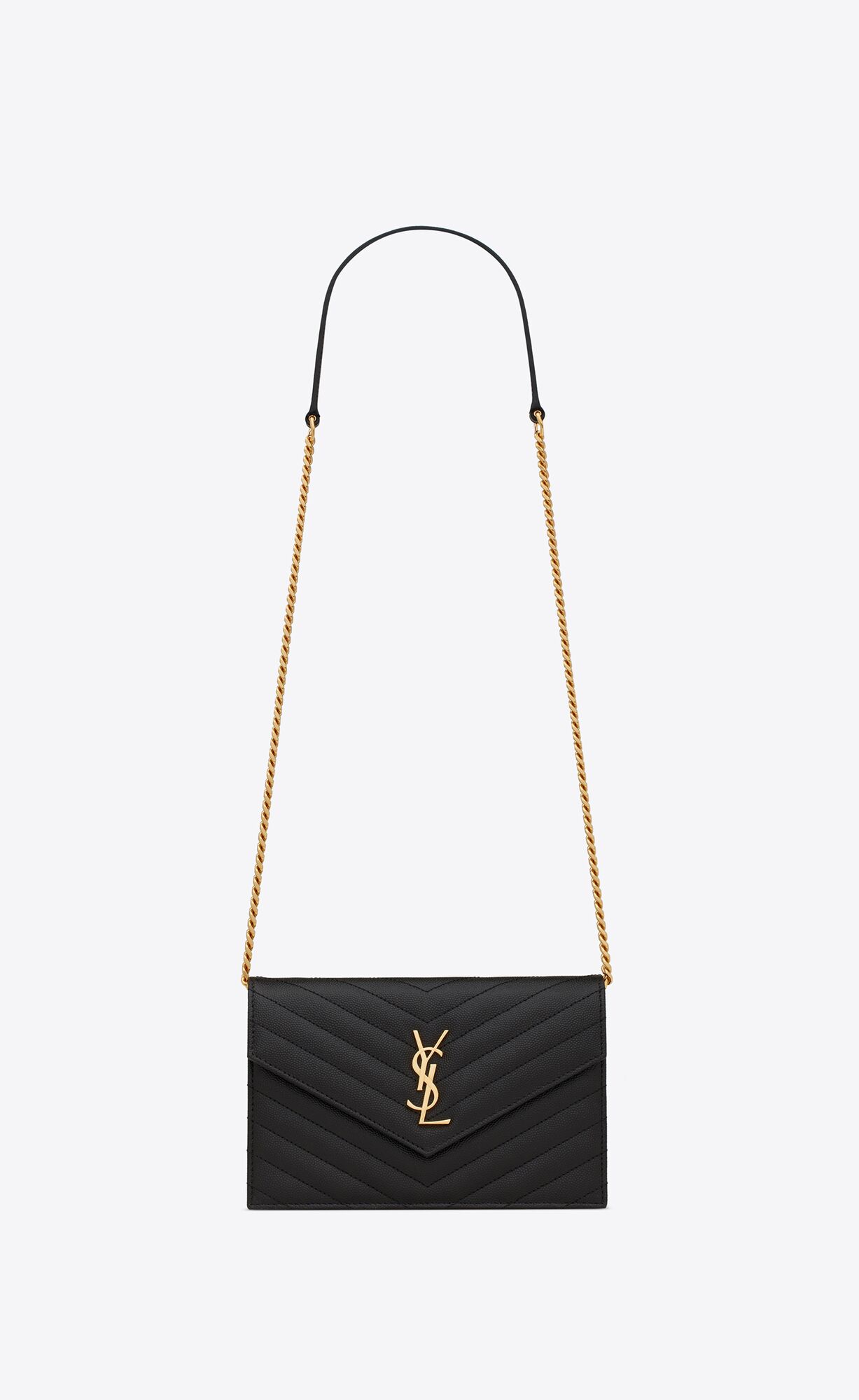 YSL Cassandre Matelassé Envelope Chain Wallet In Grain De Poudre Embossed Leder Noir | 69138-LWRP