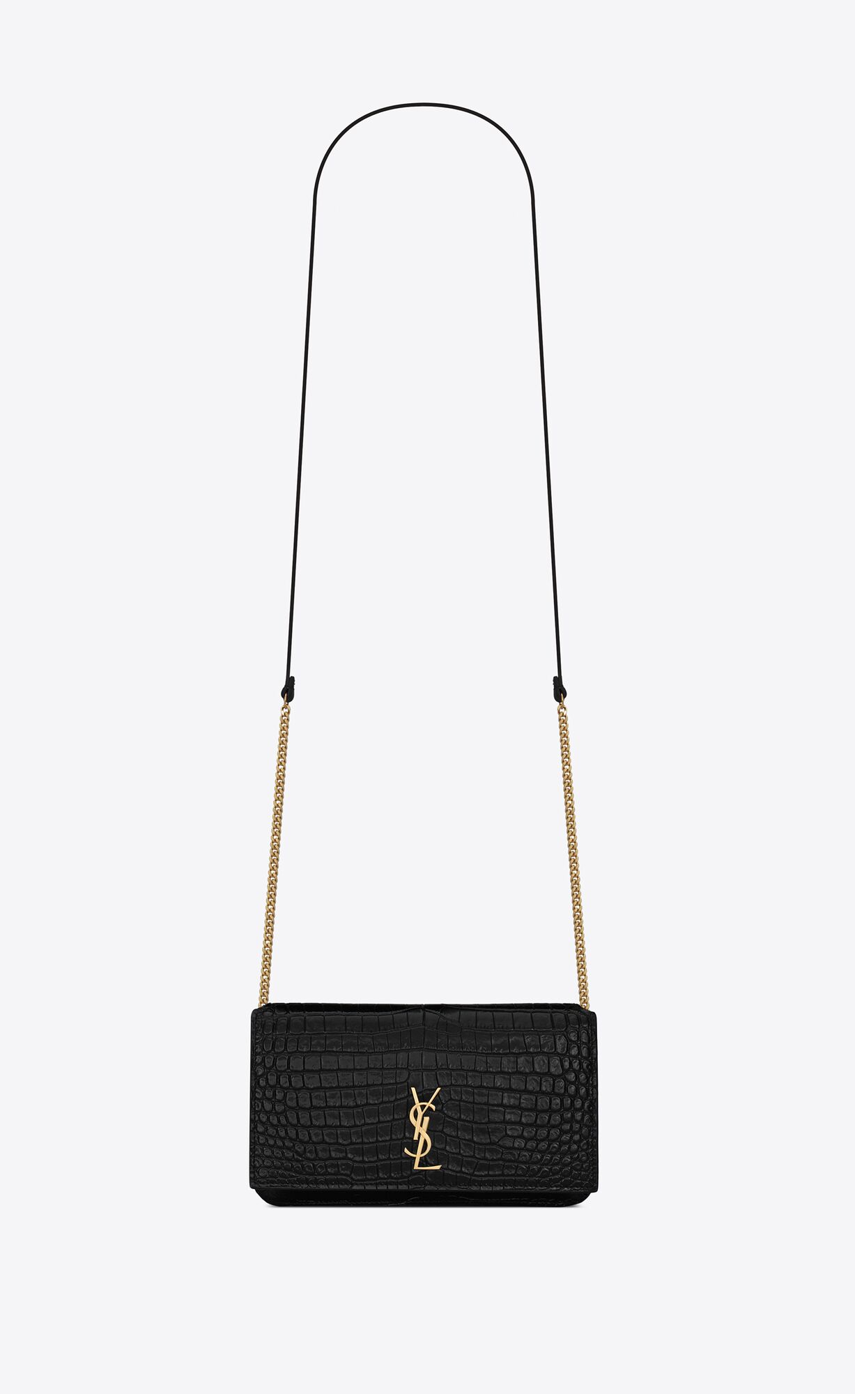 YSL Cassandre Phone Holder With Riemen In Shiny Crocodile-embossed Leder Schwarz | 39850-RXUG