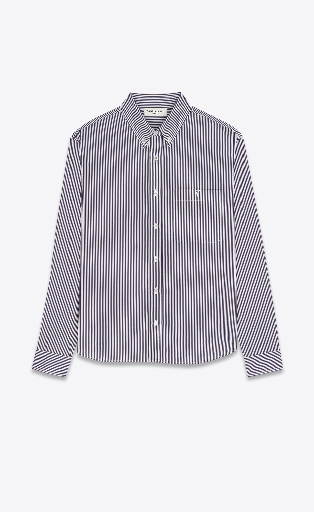 YSL Cassandre Shirt In Gestreift Baumwoll Poplin Blanc Et Encre | 12547-SCKM