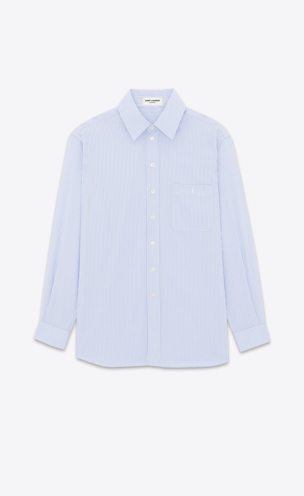 YSL Cassandre Shirt In Gestreift Baumwoll Poplin Blanc Ciel | 16538-OJKV