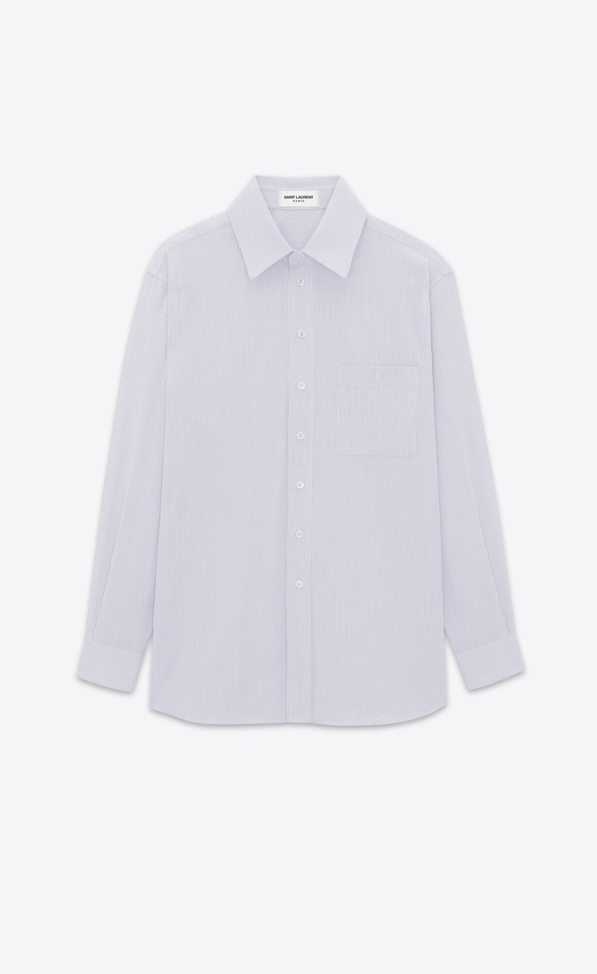 YSL Cassandre Shirt In Gestreift Baumwoll Poplin Blanc Bleu | 89216-LARV