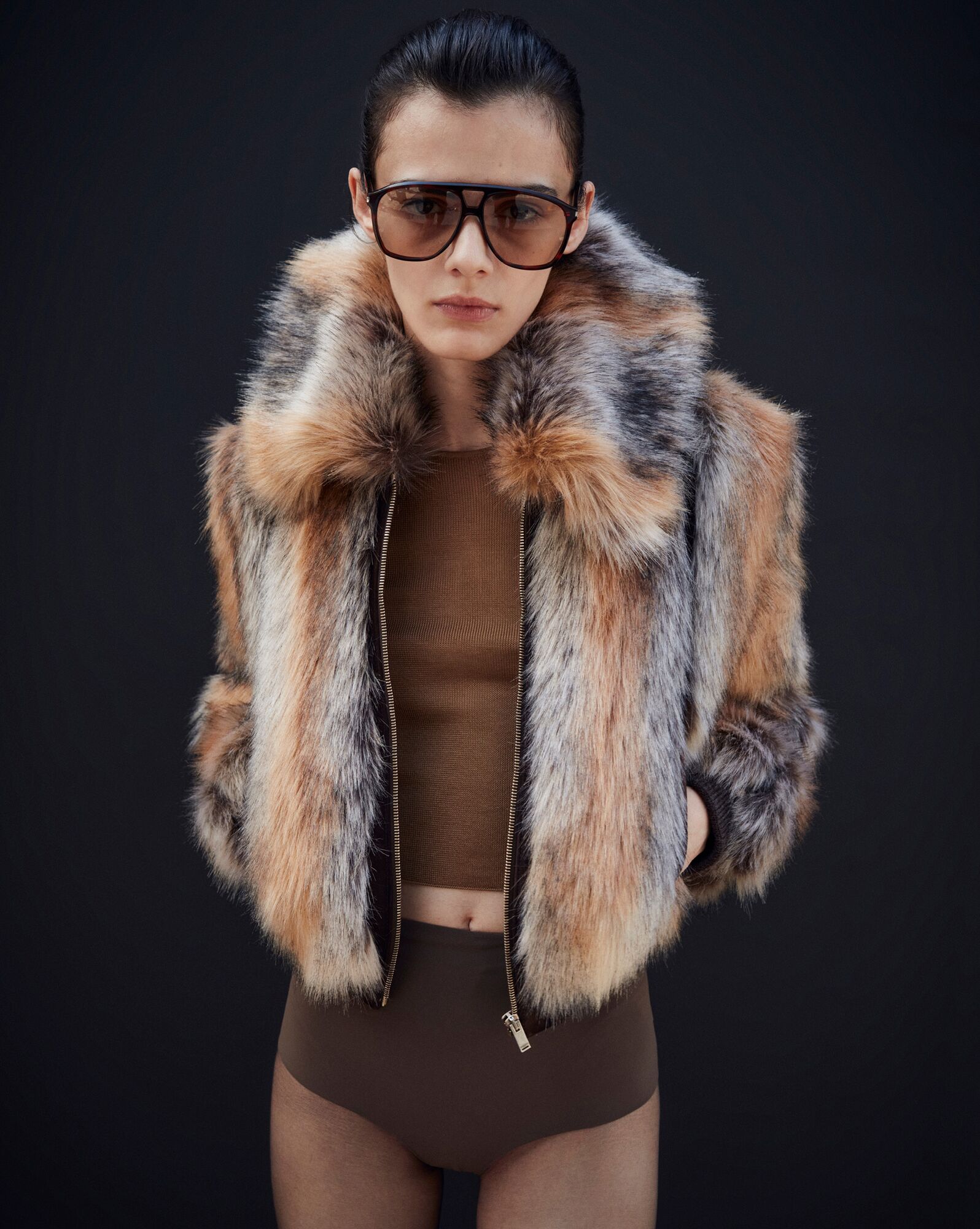 YSL Cropped Coat In Animal-free Fur Noir, Roux Et Creme | 70826-SQPR