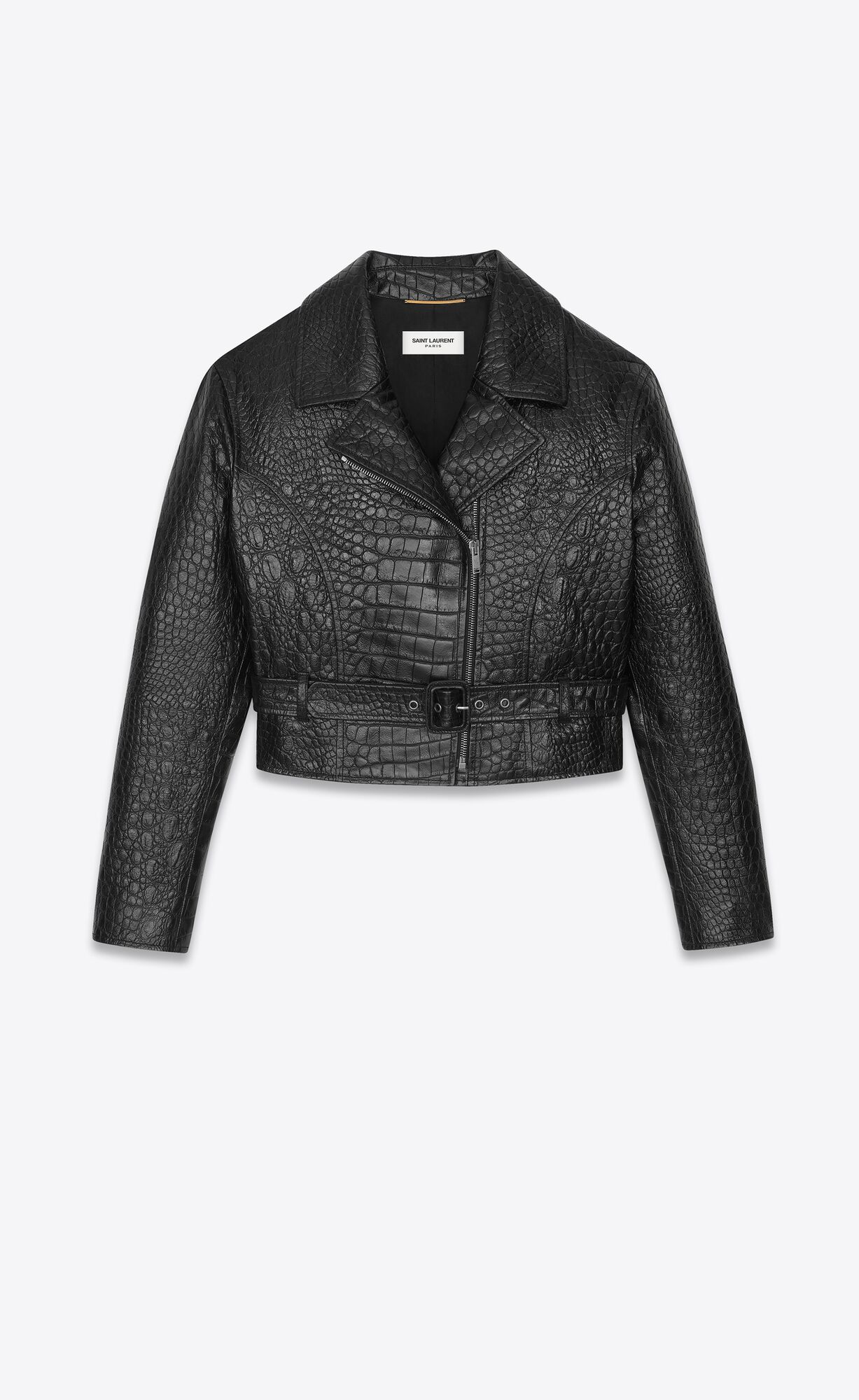 YSL Cropped Jacket In Crocodile-embossed Leder Schwarz | 69753-PVHR