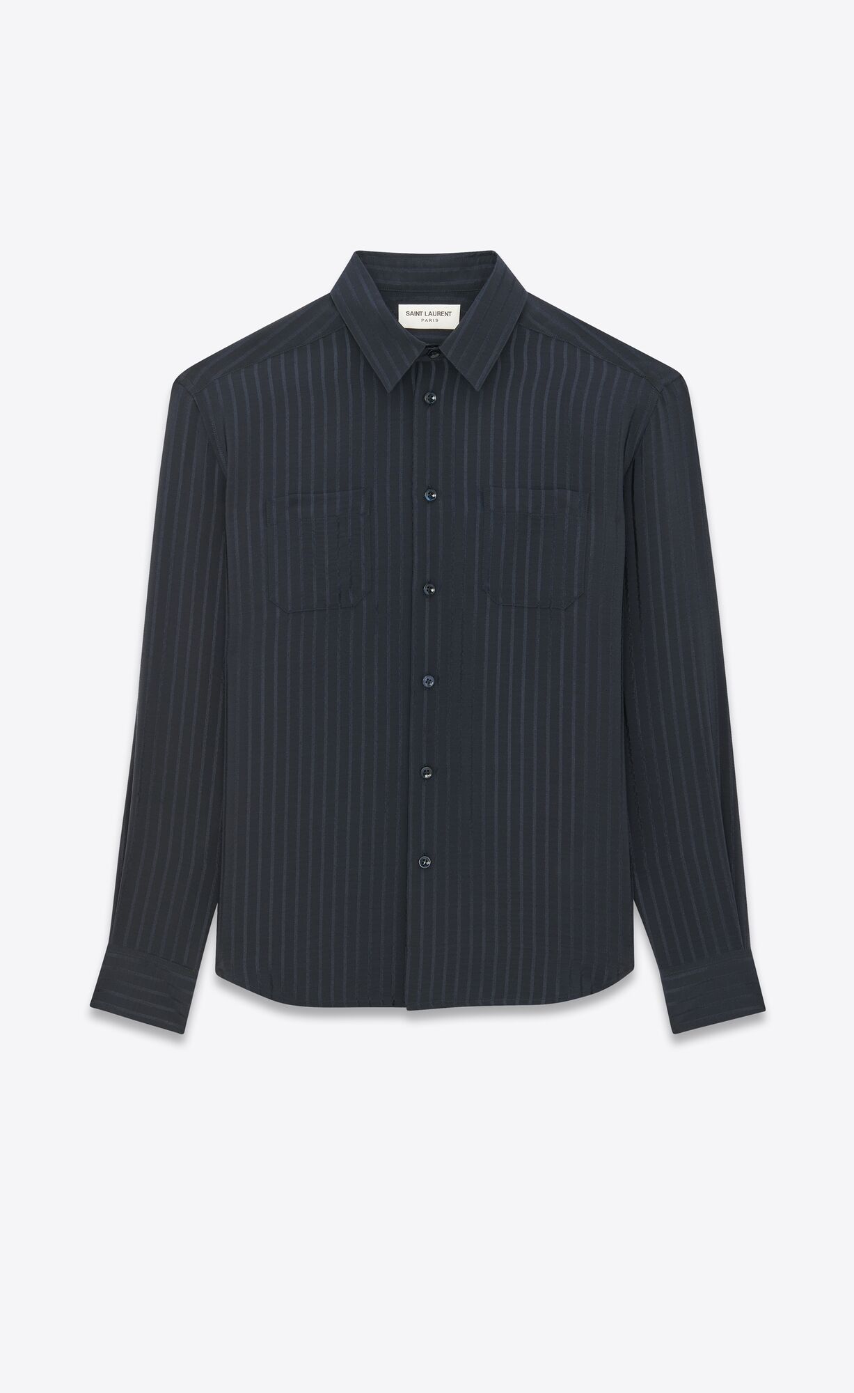 YSL Cropped Shirt In Mat And Shiny Gestreift Silk Bleu Nuit | 69820-BQDX