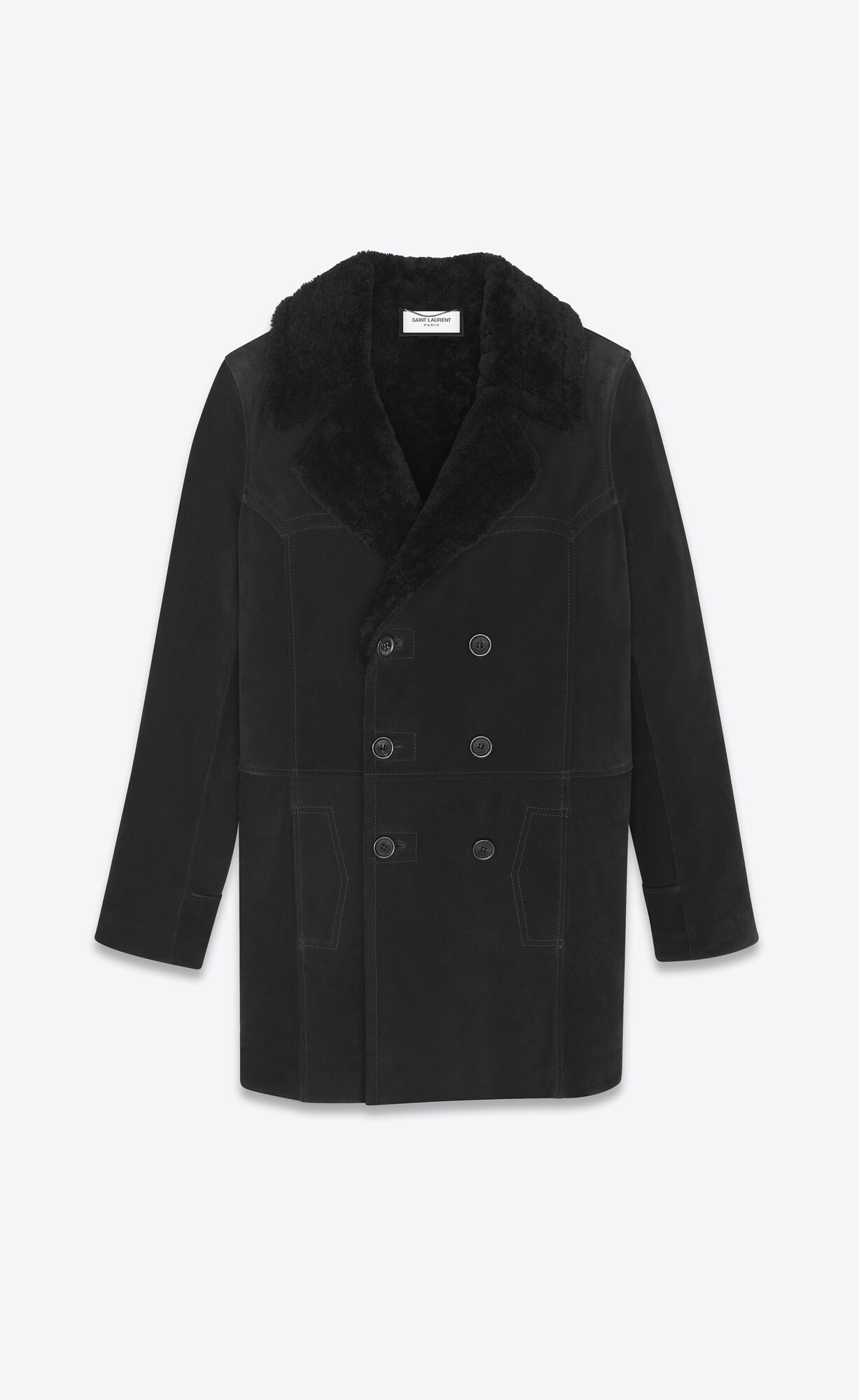 YSL Double-breasted Coat In Wildleder And Shearling Schwarz | 64185-ZPFI