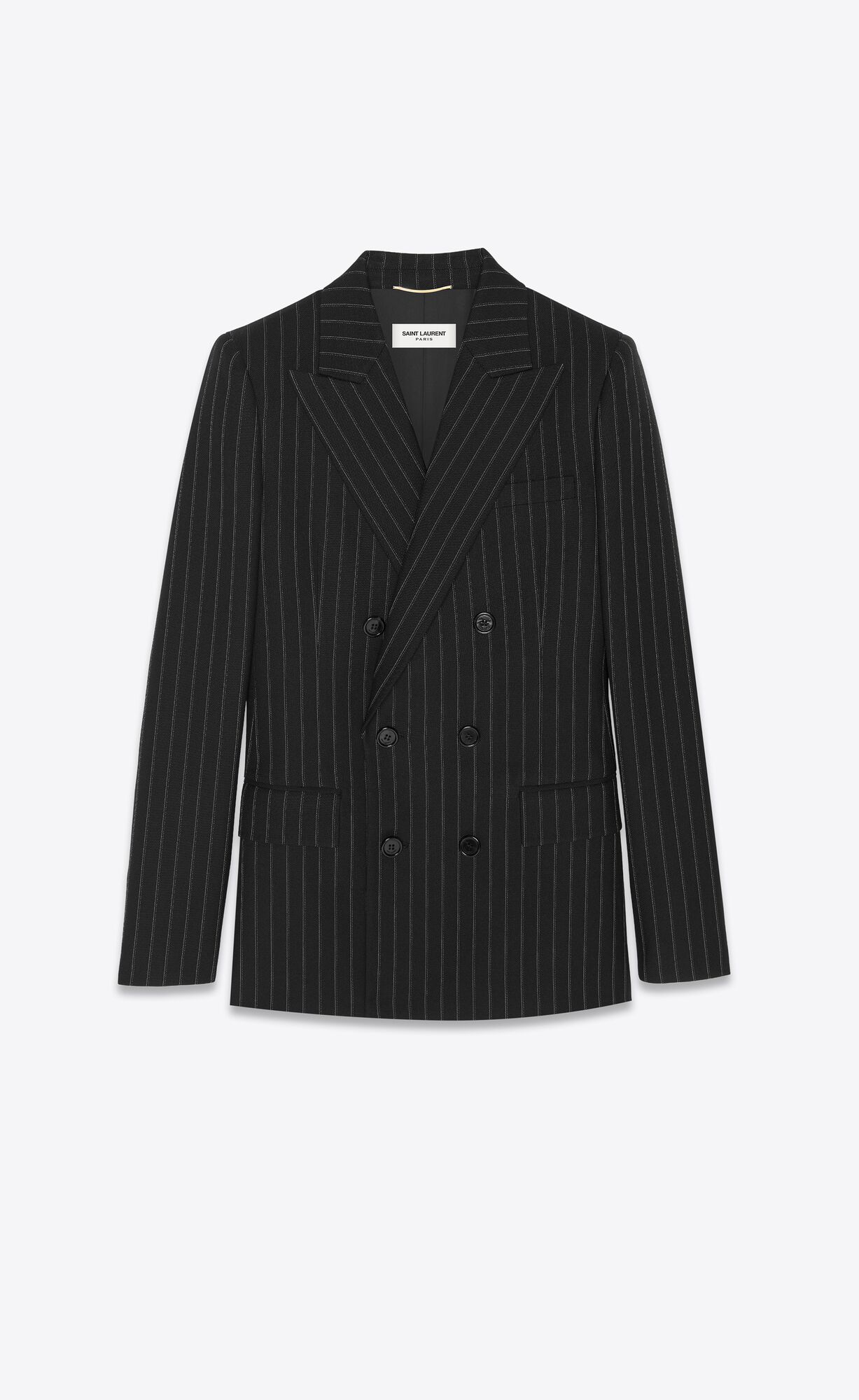 YSL Double-breasted Jacket In Gestreift Wolle Noir Craie | 38095-TIOC