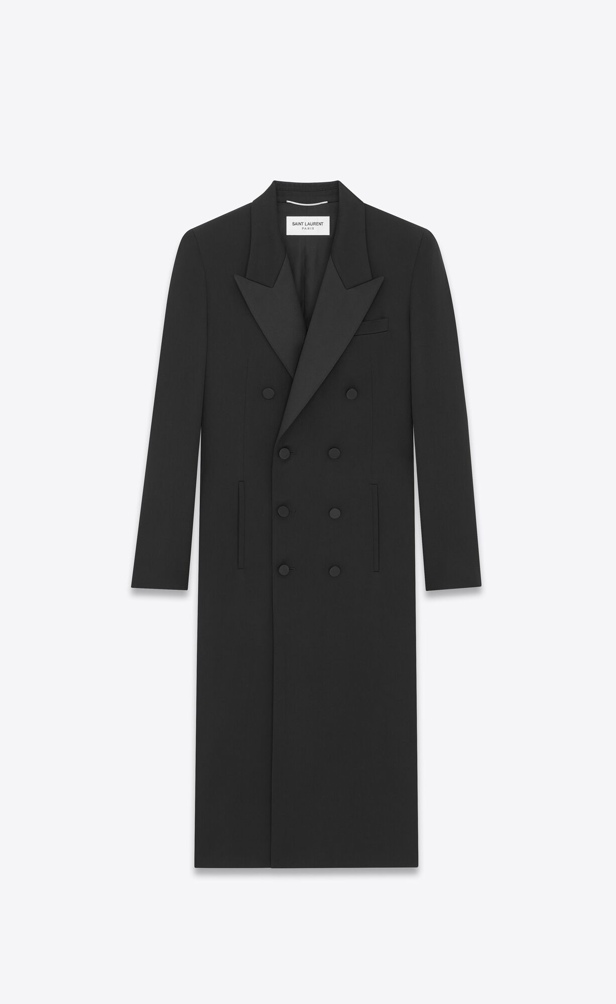 YSL Double-breasted Tuxedo Coat In Satin Wolle Schwarz | 63071-KDVR