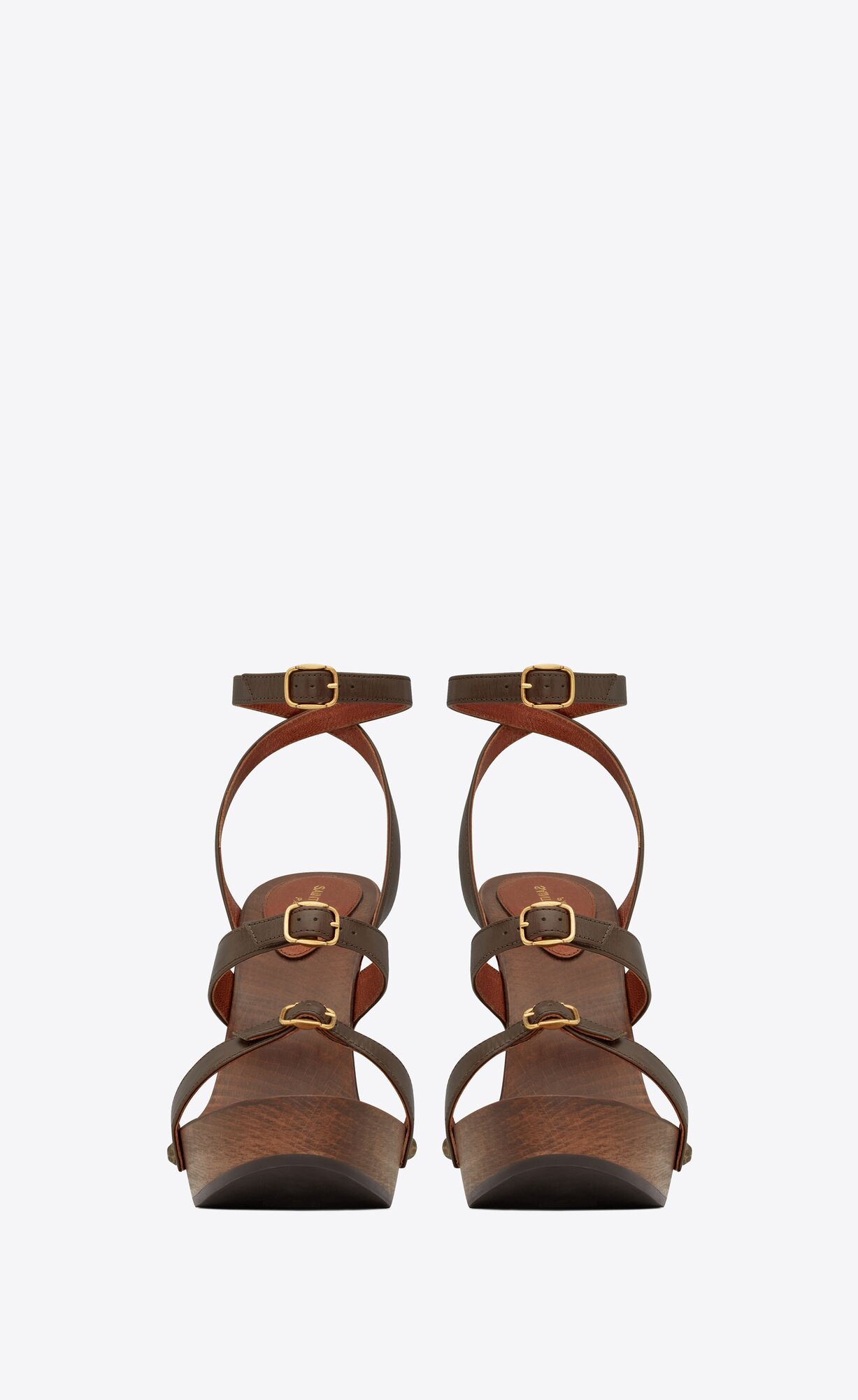 YSL Joan Plattform Sandals In Smooth Leder And Wood Kaffee | 14573-BAMS