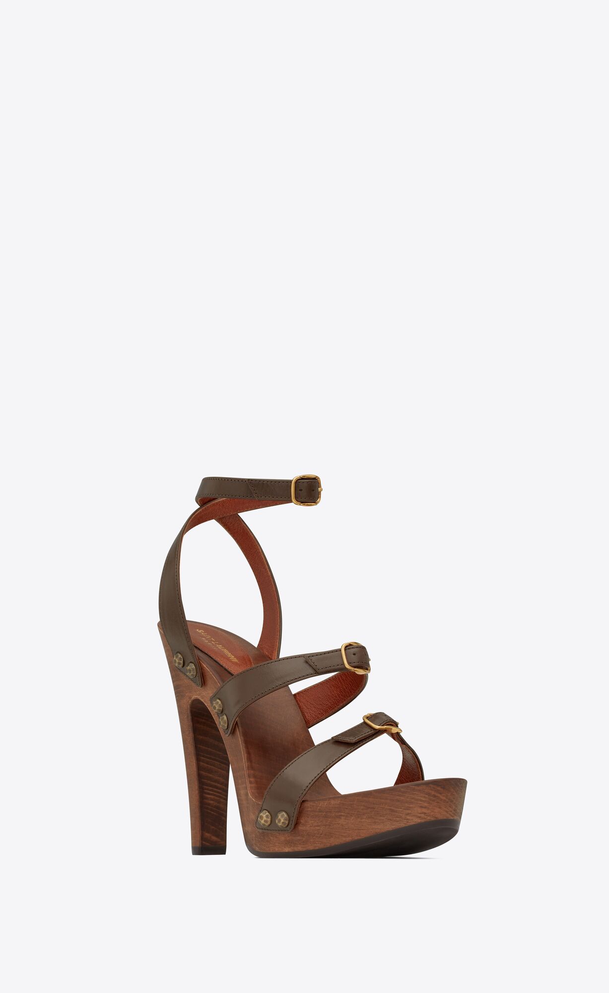 YSL Joan Plattform Sandals In Smooth Leder And Wood Kaffee | 14573-BAMS