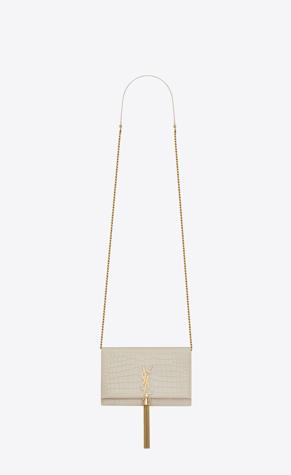 YSL Kate Chain Wallet With Tassel In Crocodile-embossed Shiny Leder Blanc Vintage | 75061-FJRC