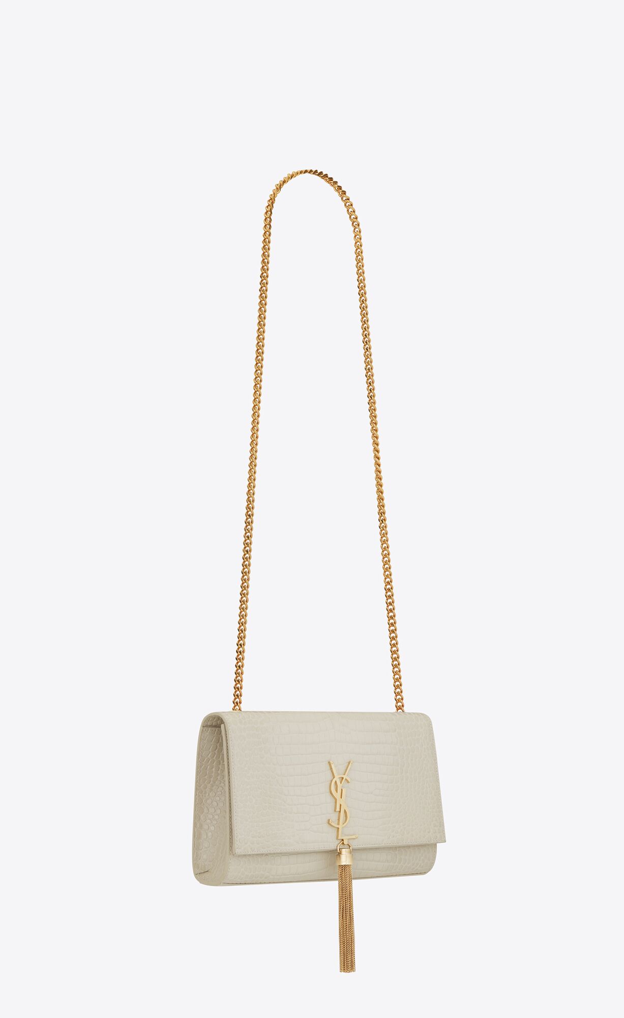 YSL Kate Medium Chain Bag With Tassel In Crocodile-embossed Shiny Leder Blanc Vintage | 36485-OKEI