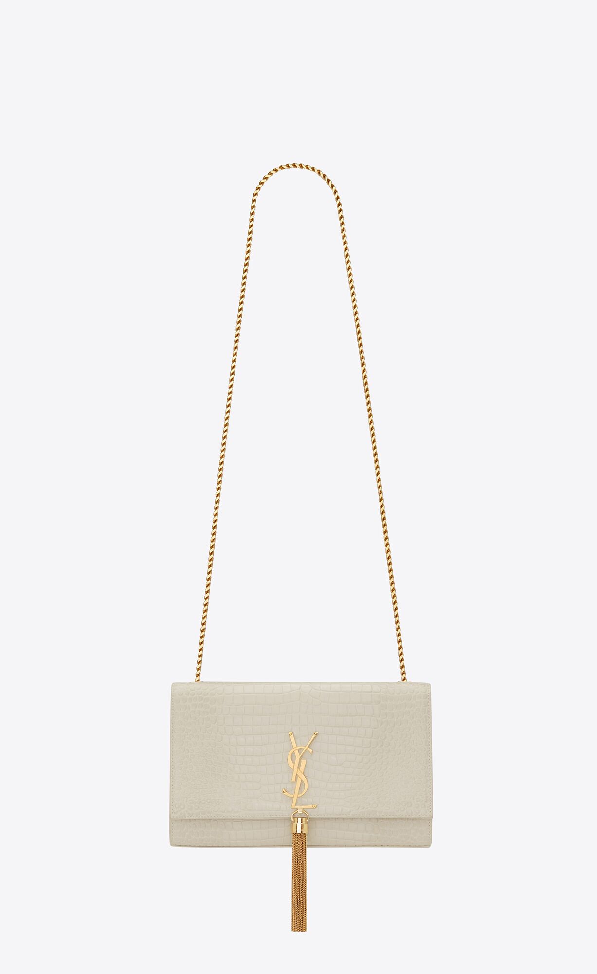 YSL Kate Medium Chain Bag With Tassel In Crocodile-embossed Shiny Leder Blanc Vintage | 36485-OKEI