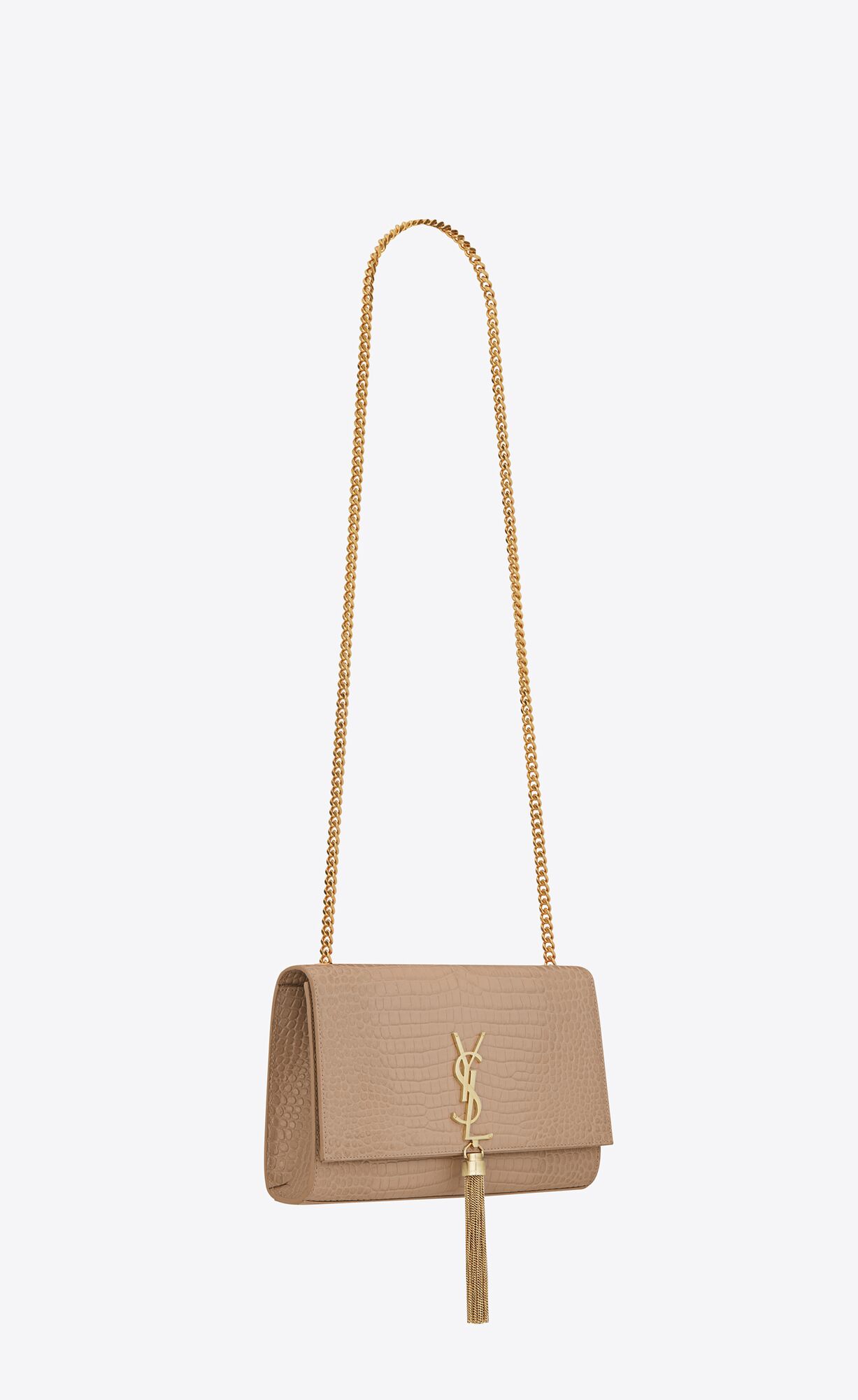 YSL Kate Medium Chain Bag With Tassel In Crocodile-embossed Shiny Leder Dunkelbeige | 47162-JIBE