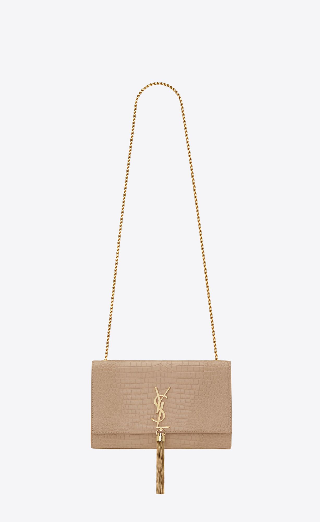 YSL Kate Medium Chain Bag With Tassel In Crocodile-embossed Shiny Leder Dunkelbeige | 47162-JIBE