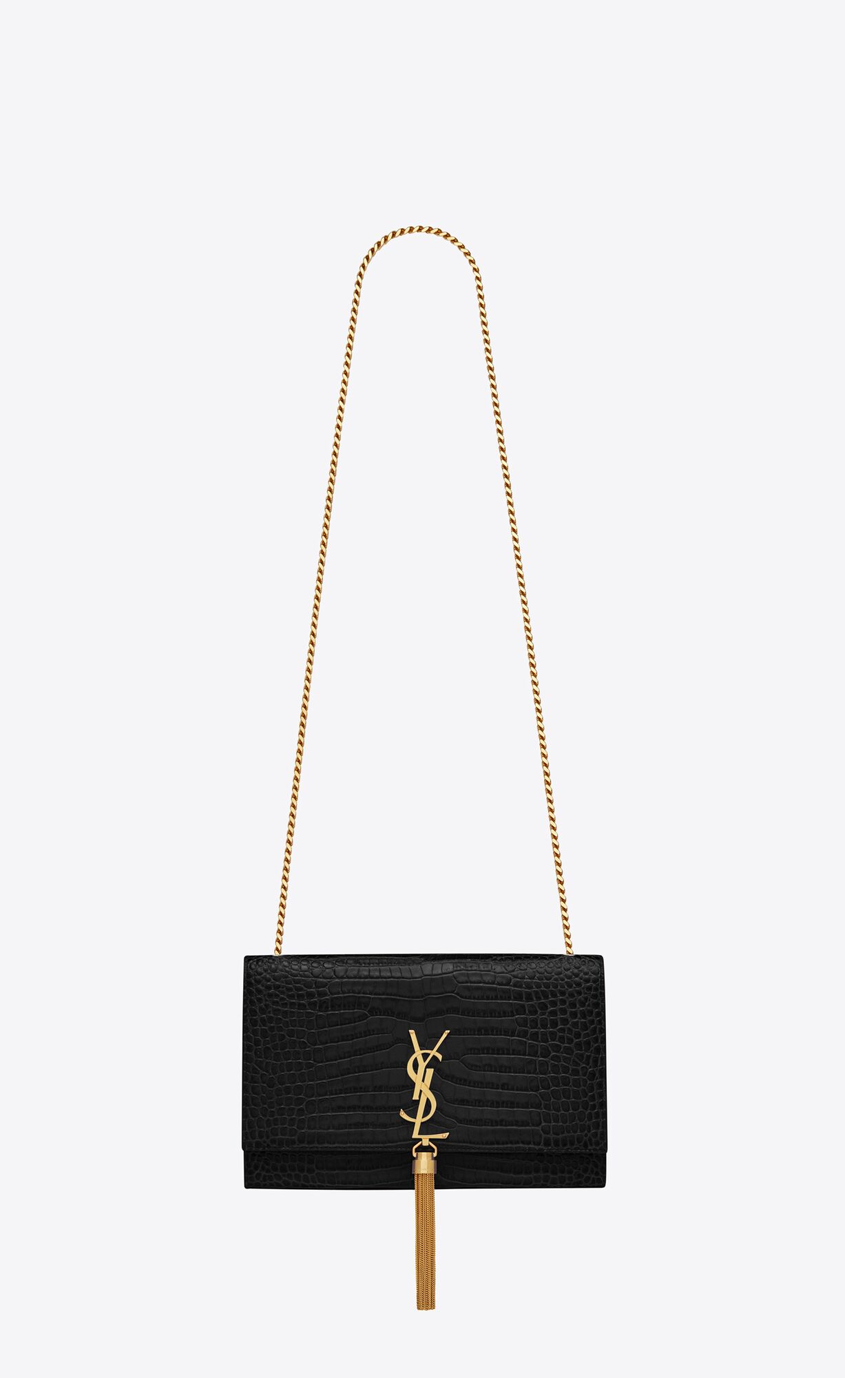 YSL Kate Medium Chain Bag With Tassel In Crocodile-embossed Shiny Leder Schwarz | 97042-GNOT