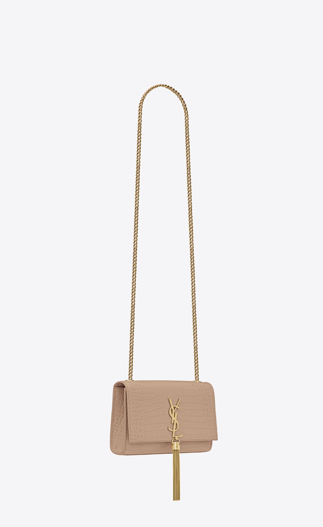 YSL Kate Small Chain Bag With Tassel In Crocodile-embossed Shiny Leder Dunkelbeige | 18052-UYMF