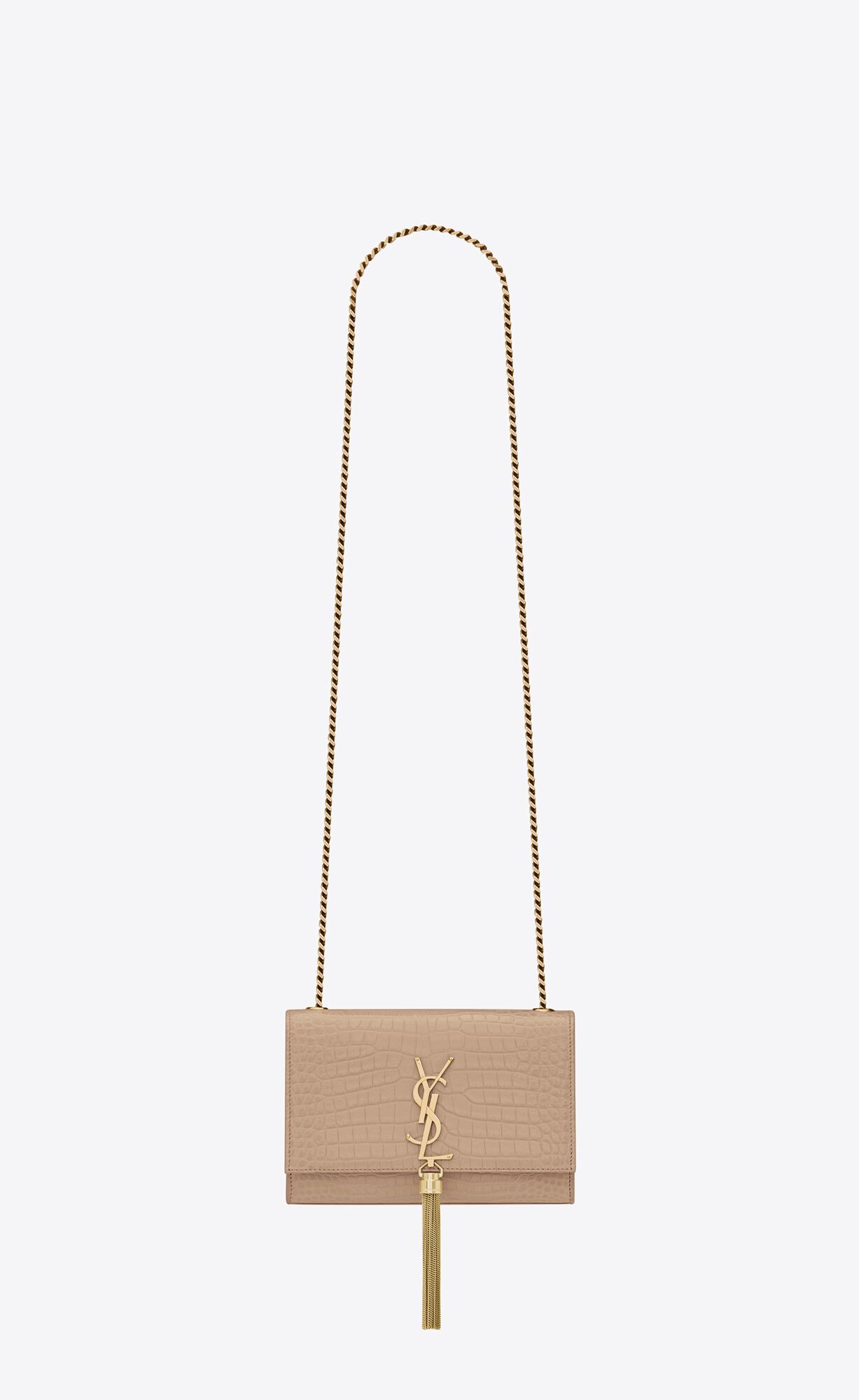 YSL Kate Small Chain Bag With Tassel In Crocodile-embossed Shiny Leder Dunkelbeige | 18052-UYMF