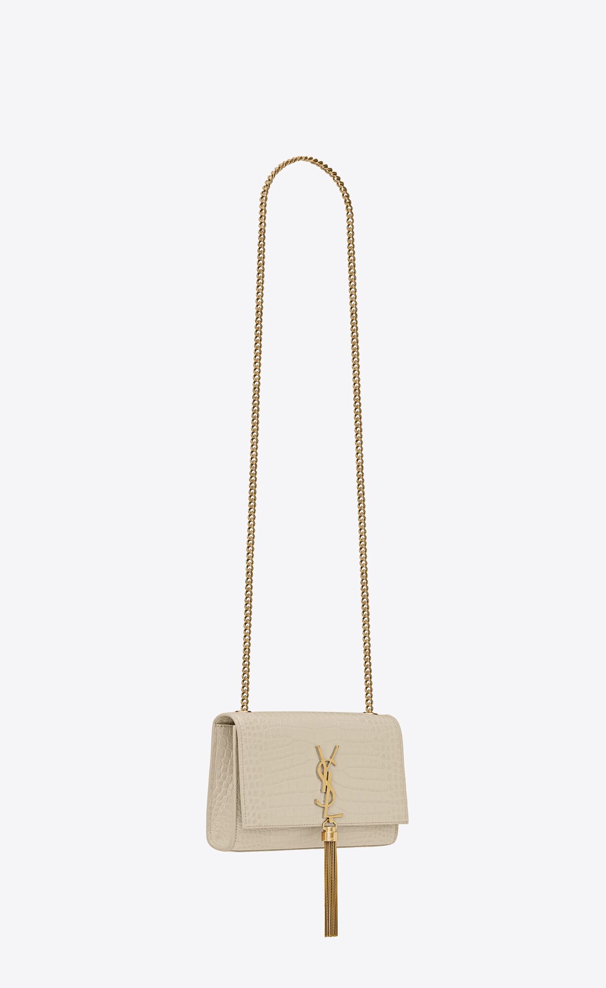 YSL Kate Small Chain Bag With Tassel In Crocodile-embossed Shiny Leder Blanc Vintage | 62597-OIRA