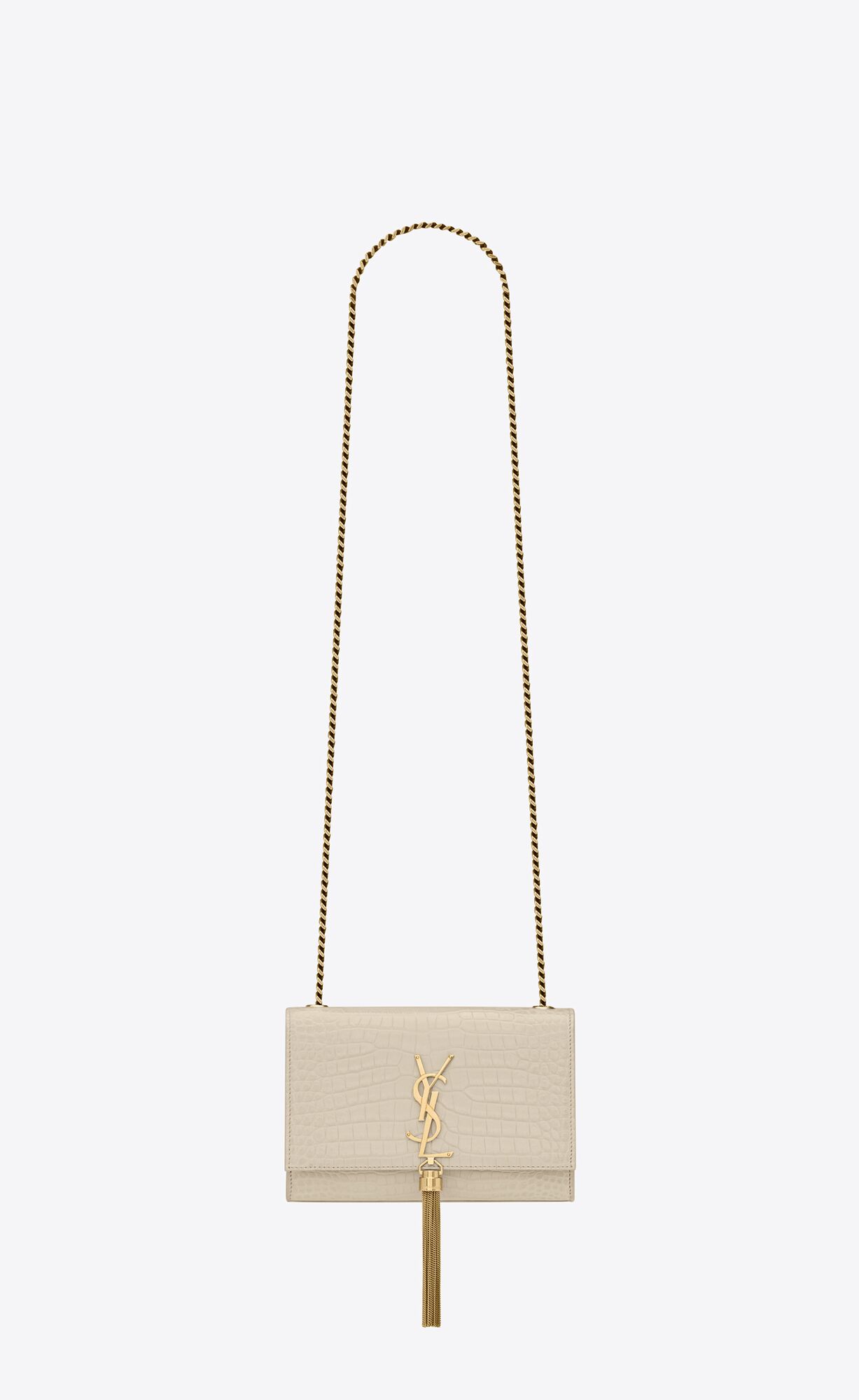 YSL Kate Small Chain Bag With Tassel In Crocodile-embossed Shiny Leder Blanc Vintage | 62597-OIRA