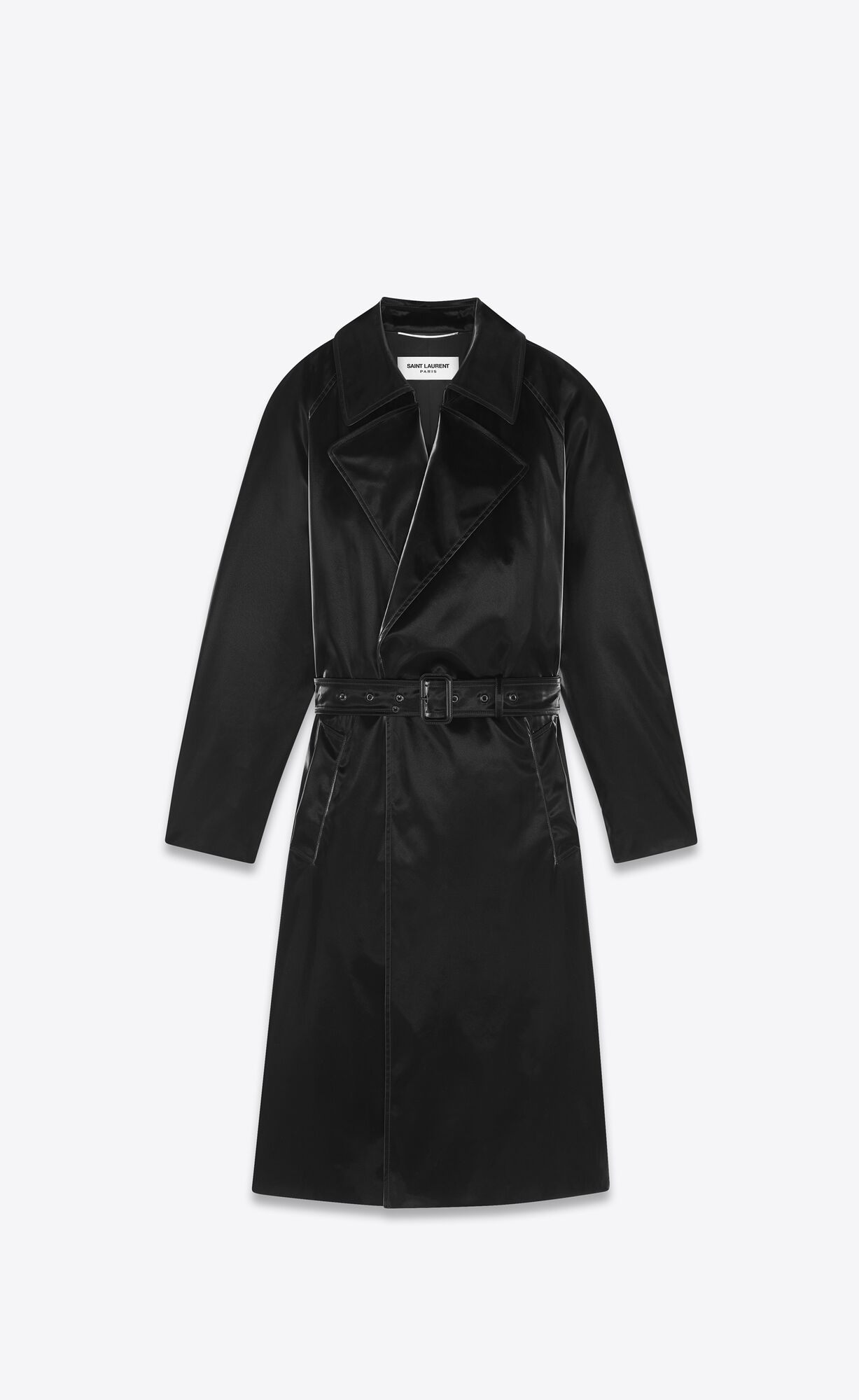 YSL Lacquered-effect Belted Coat Noir | 74051-DEVW