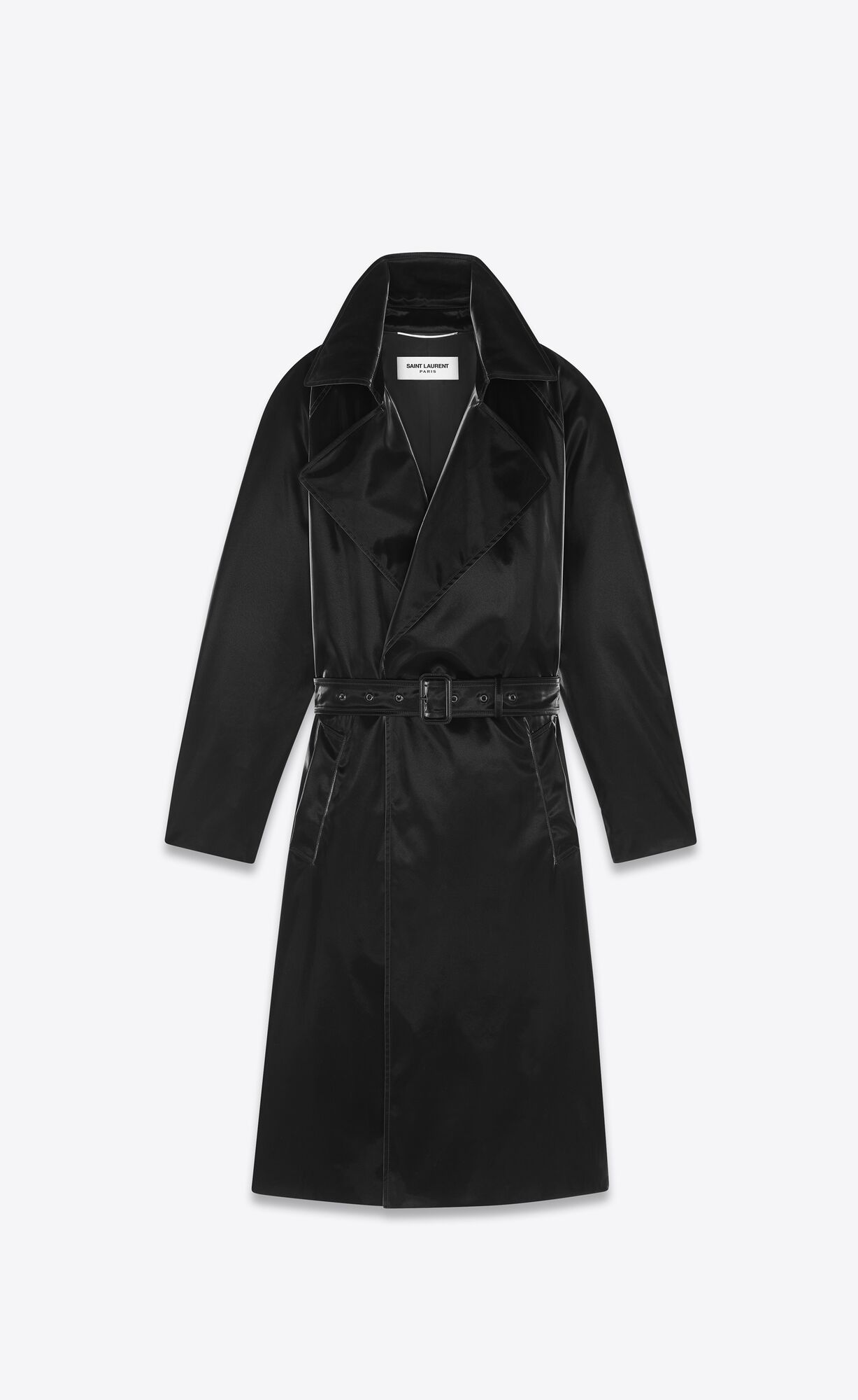 YSL Lacquered-effect Belted Coat Noir | 74051-DEVW