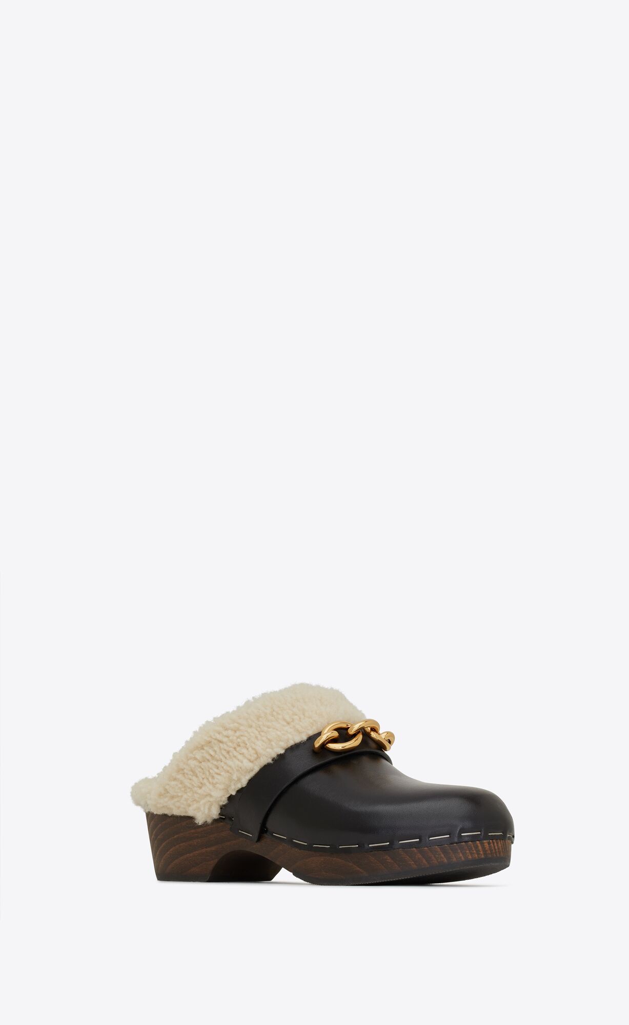 YSL Le Maillon Clogs In Smooth Leder And Shearling Noir | 71946-BRNU