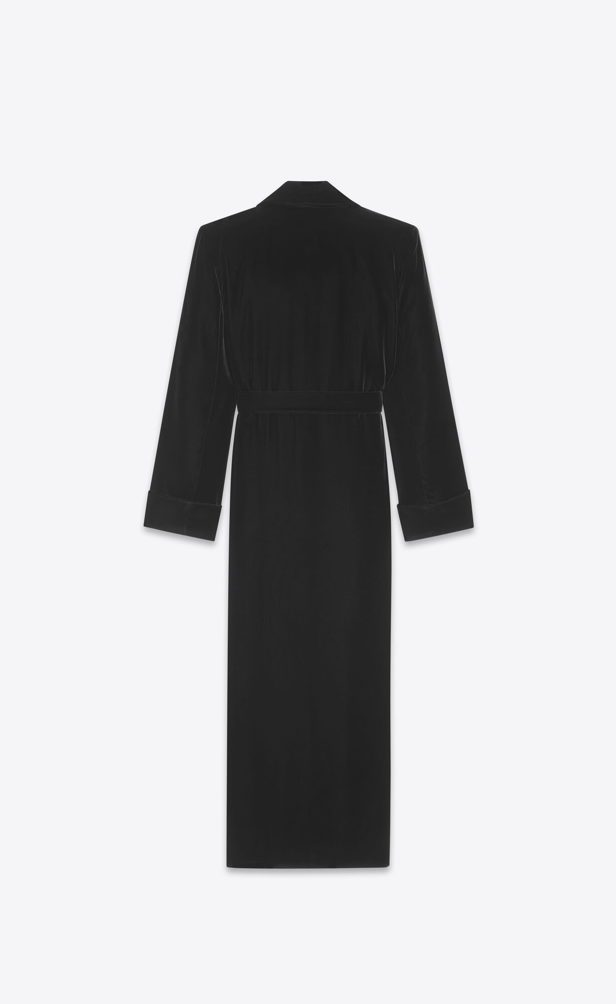 YSL Long Belted Coat In Cupro Velvet Schwarz | 63192-MKCD