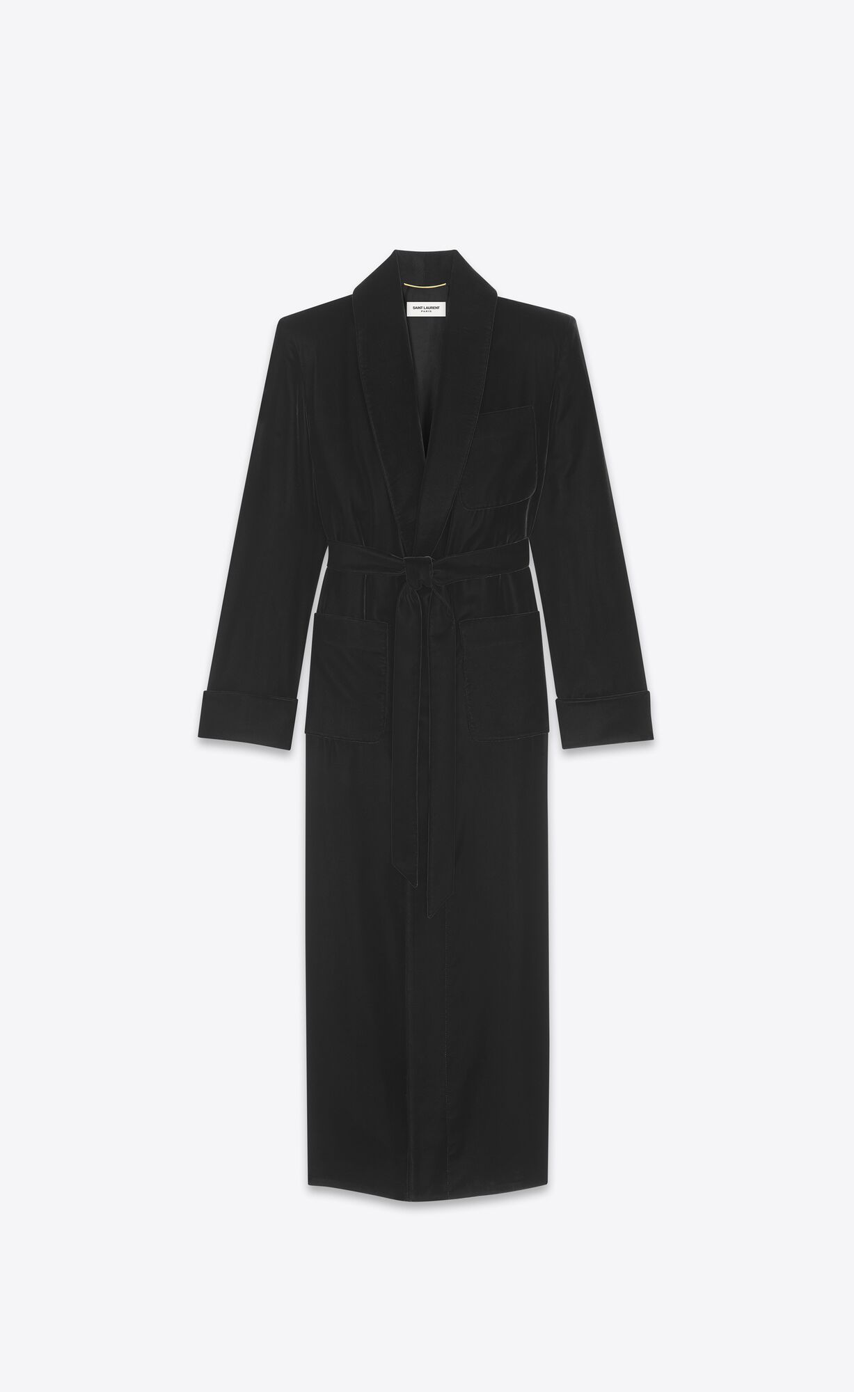 YSL Long Belted Coat In Cupro Velvet Schwarz | 63192-MKCD