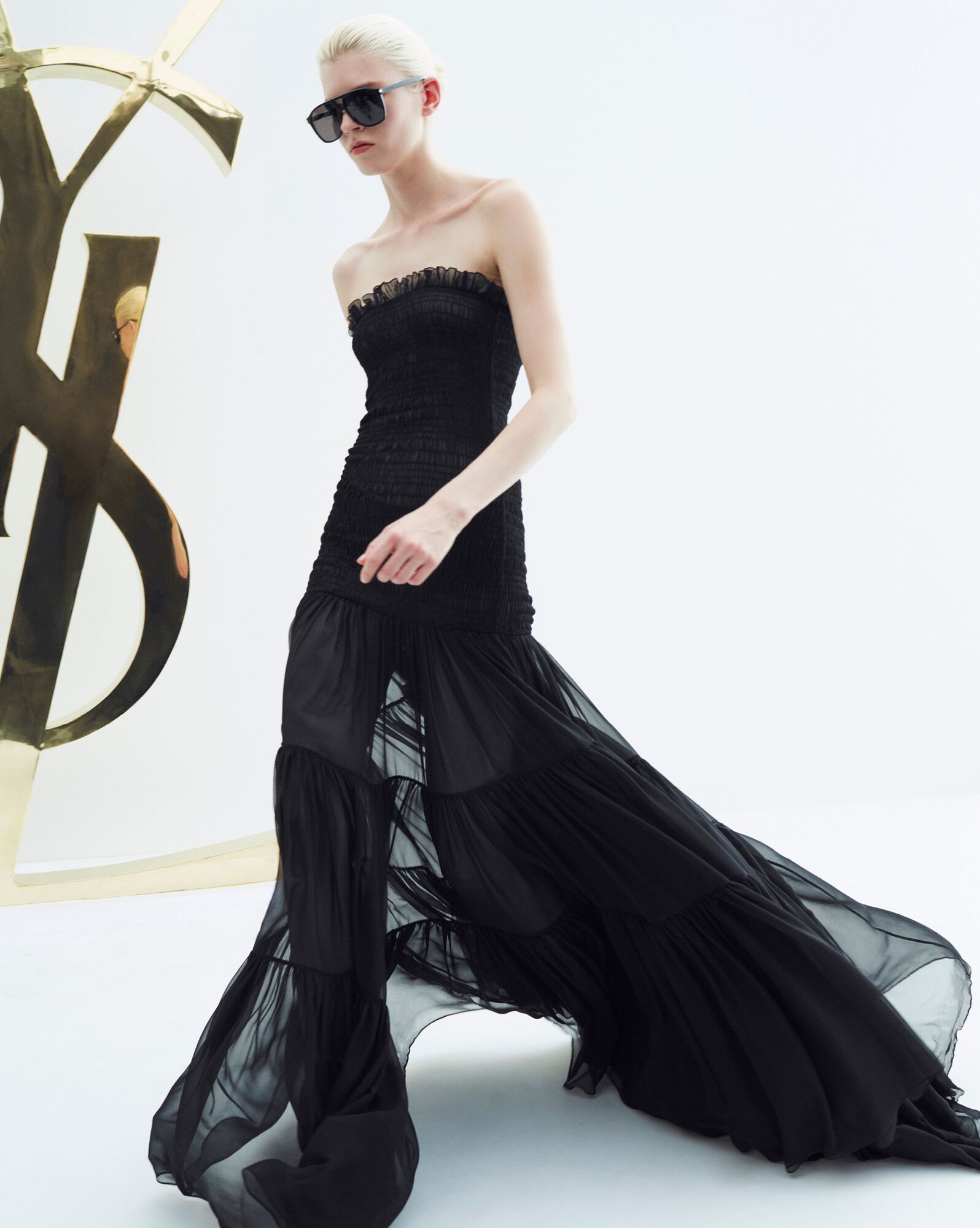 YSL Long Bustier Kleider In Crepe Muslin Schwarz | 46819-KRXZ