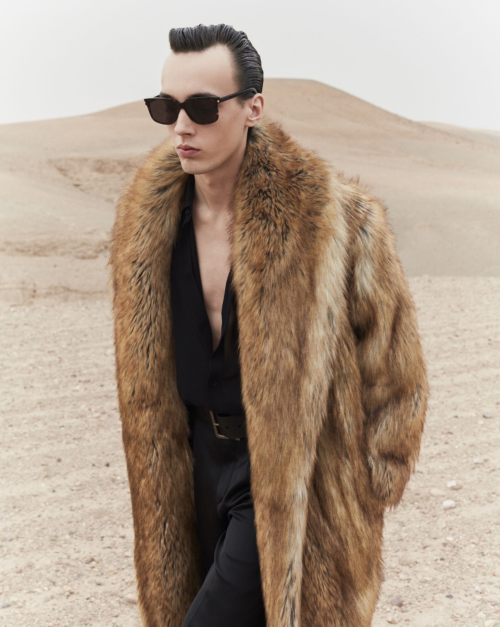 YSL Long Coat In Animal-free Fur Fauve | 43617-MLUZ