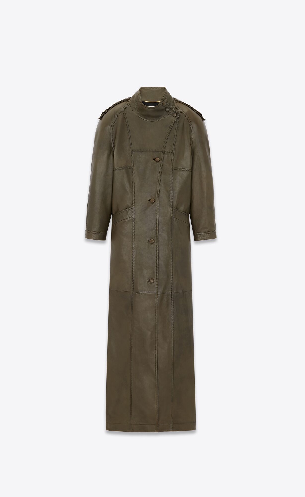 YSL Long Coat In Lambskin Kaki Fonce | 31074-CAZI