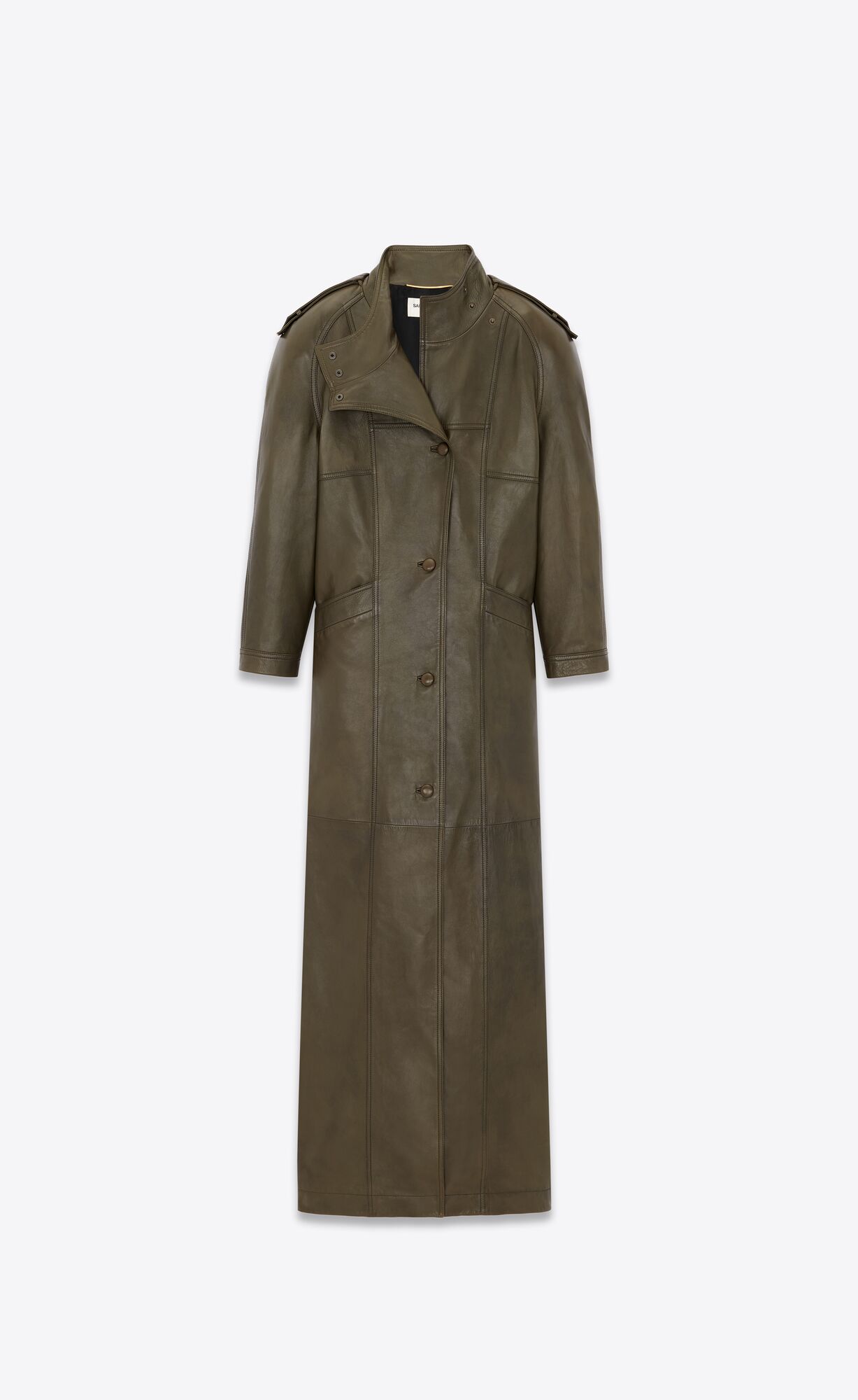 YSL Long Coat In Lambskin Kaki Fonce | 31074-CAZI