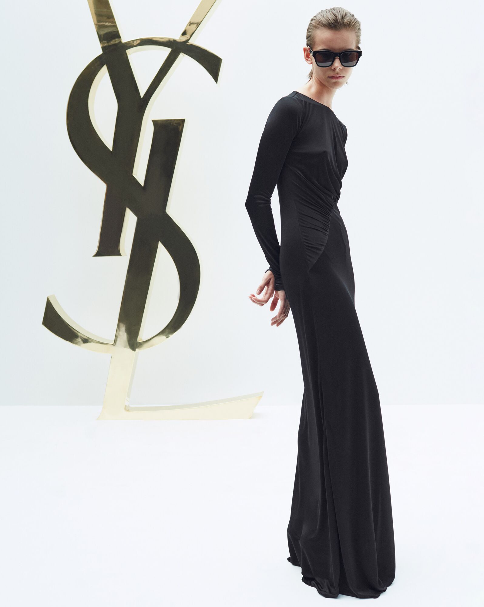 YSL Long Draped Kleider In Crepe Jersey Schwarz | 09612-FJAK