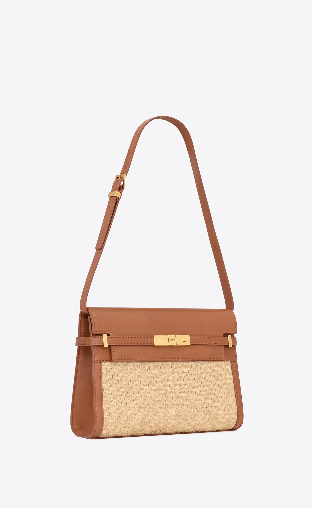 YSL Manhattan Shoulder Bag In Raffia And Vegetable-tanned Leder Beige Braun Dunkelrot | 05812-EYWH