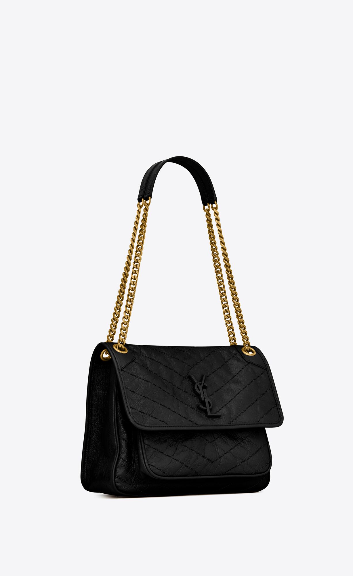 YSL Niki Medium Chain Bag In Crinkled Vintage Leder Noir | 61702-EFZY