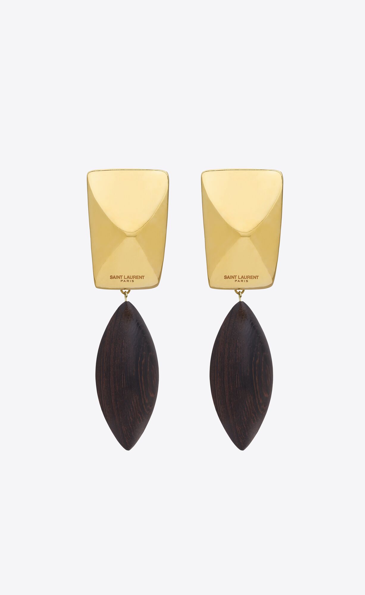 YSL Pyramid Earrings In Wood And Metal Braun Gold | 14627-BWRG