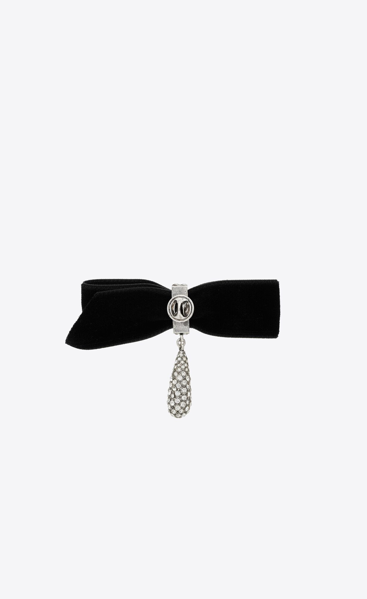 YSL Rhinestone Knot And Drop Brooch In Metal And Velvet Argent Oxyde Et Crystal | 30526-IWRD