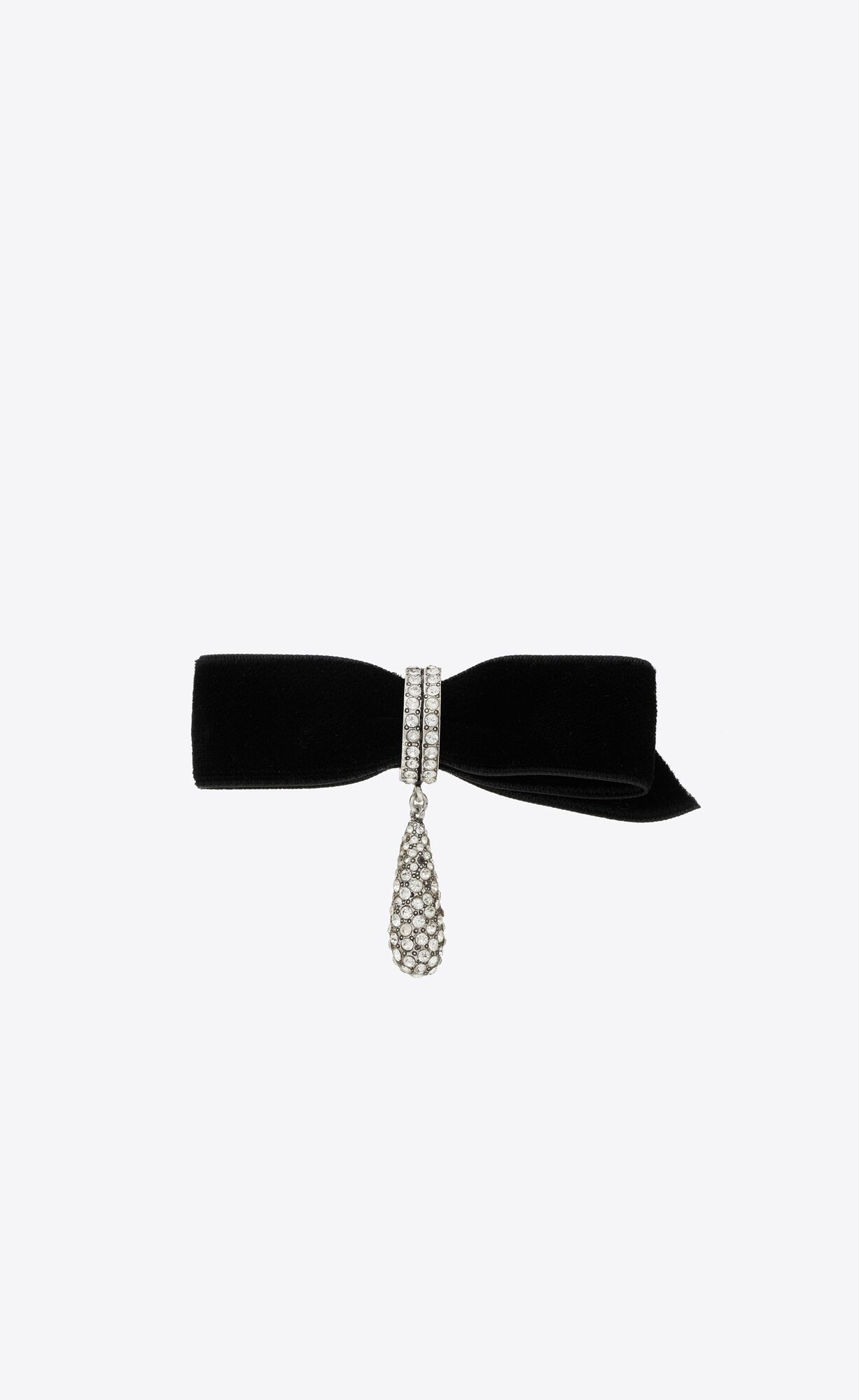 YSL Rhinestone Knot And Drop Brooch In Metal And Velvet Argent Oxyde Et Crystal | 30526-IWRD