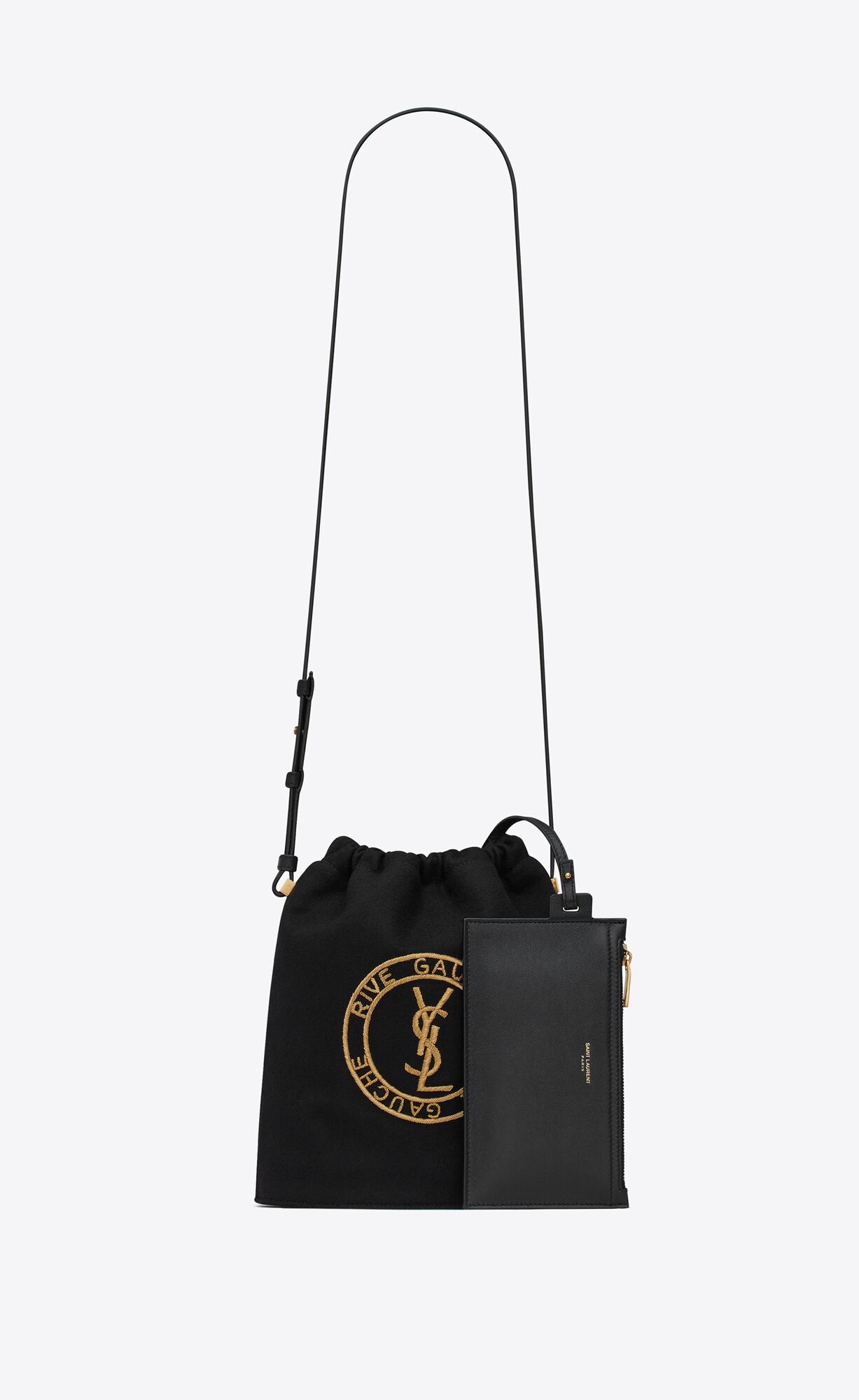 YSL Rive Gauche Laced Bucket Bag In Embroidered Felt And Smooth Leder Schwarz Gold | 18265-IYQX