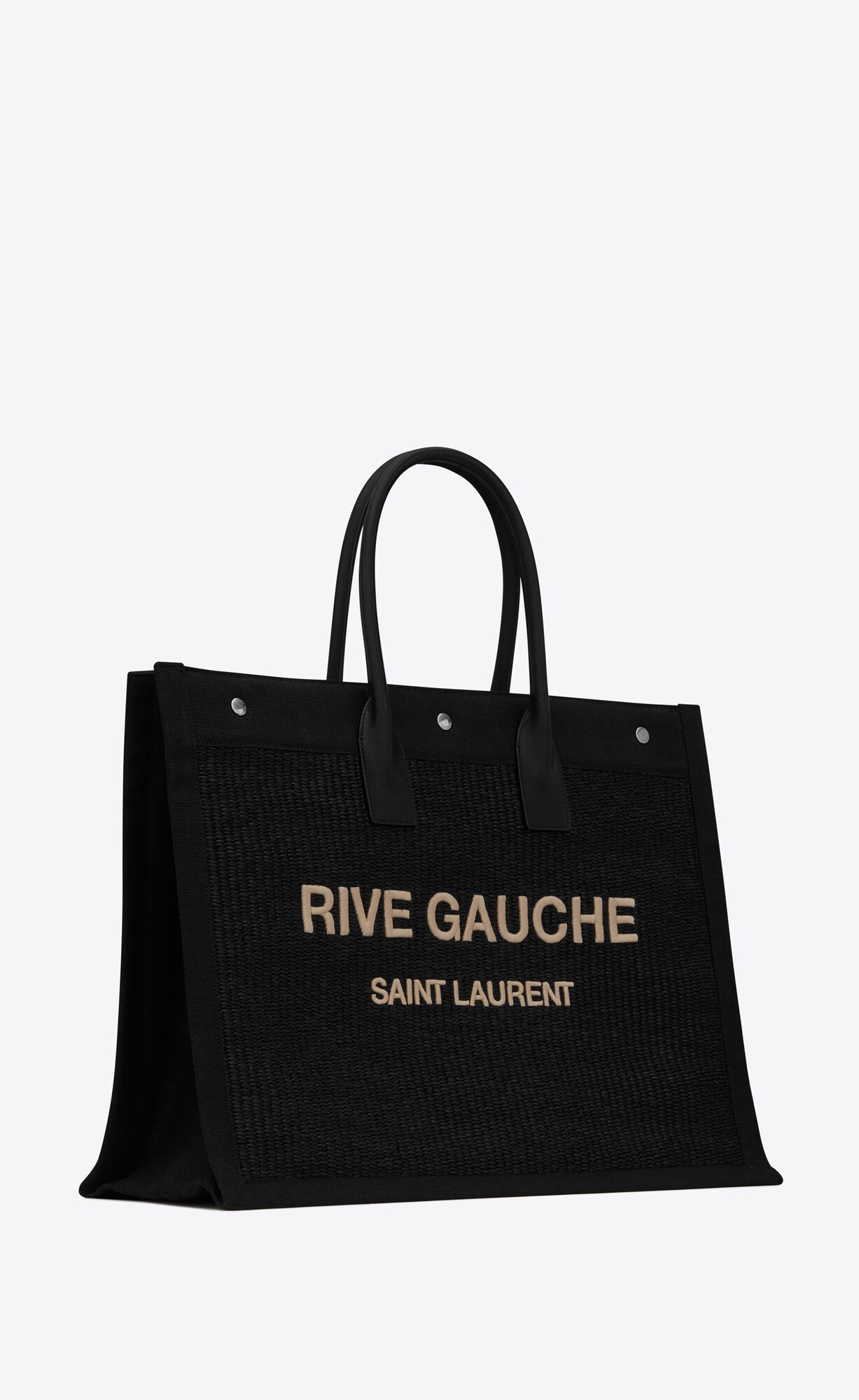 YSL Rive Gauche Large Tote Bag In Embroidered Raffia And Leder Noir | 51039-EASU