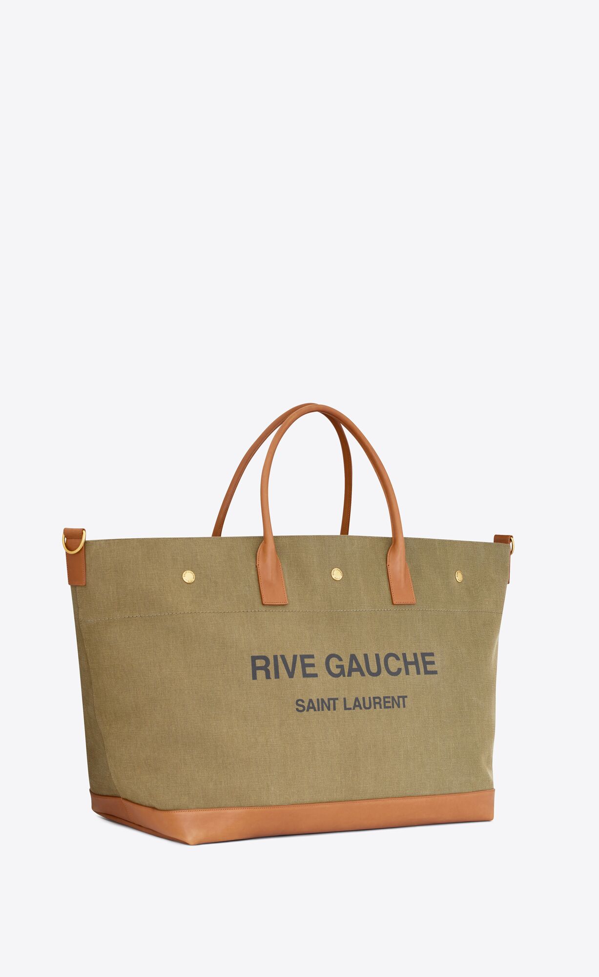 YSL Rive Gauche Maxi Shopping Bag In Canvas And Vegetable-tanned Leder Khaki Dunkelrot | 01735-YSTX