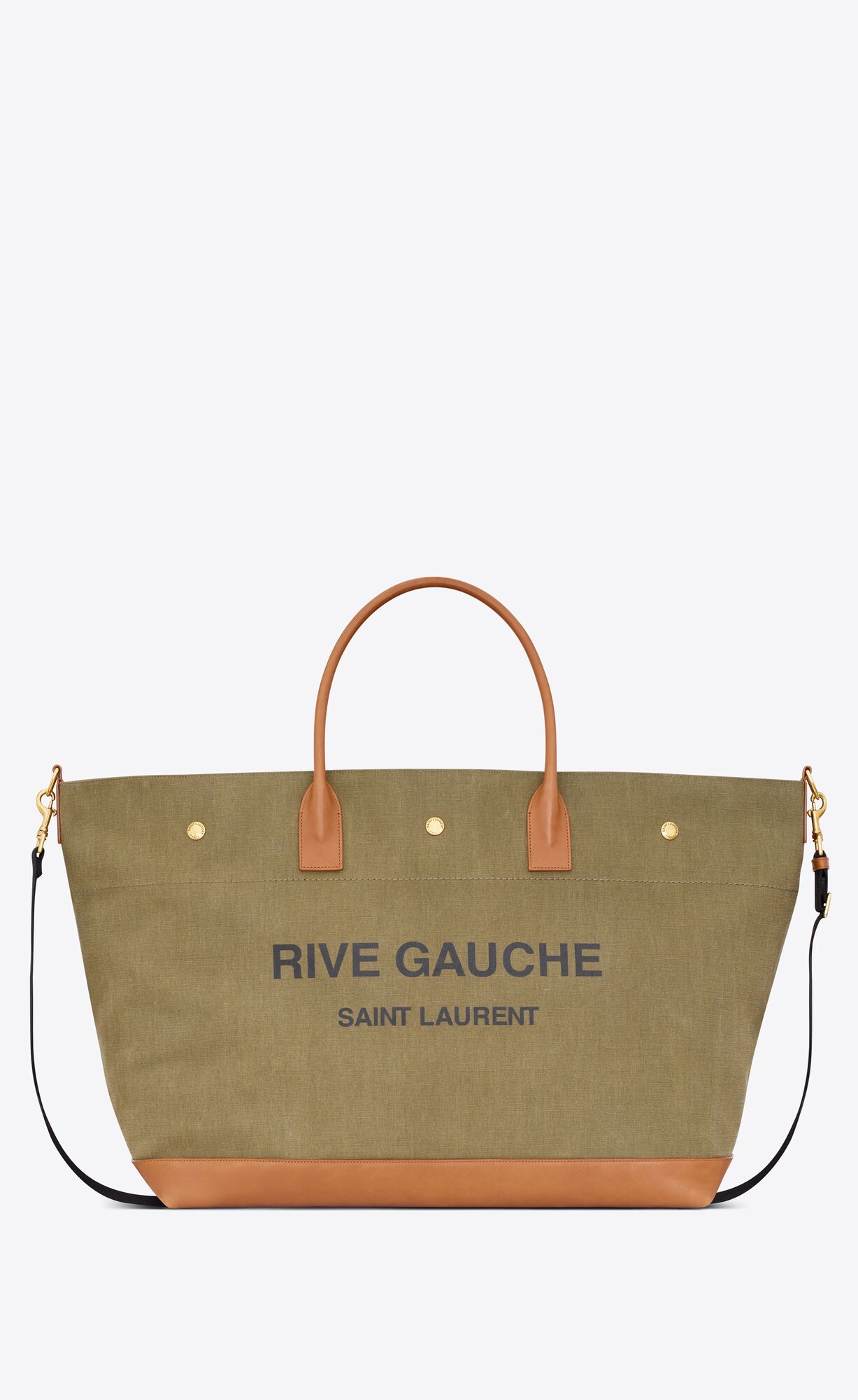 YSL Rive Gauche Maxi Shopping Bag In Canvas And Vegetable-tanned Leder Khaki Dunkelrot | 01735-YSTX