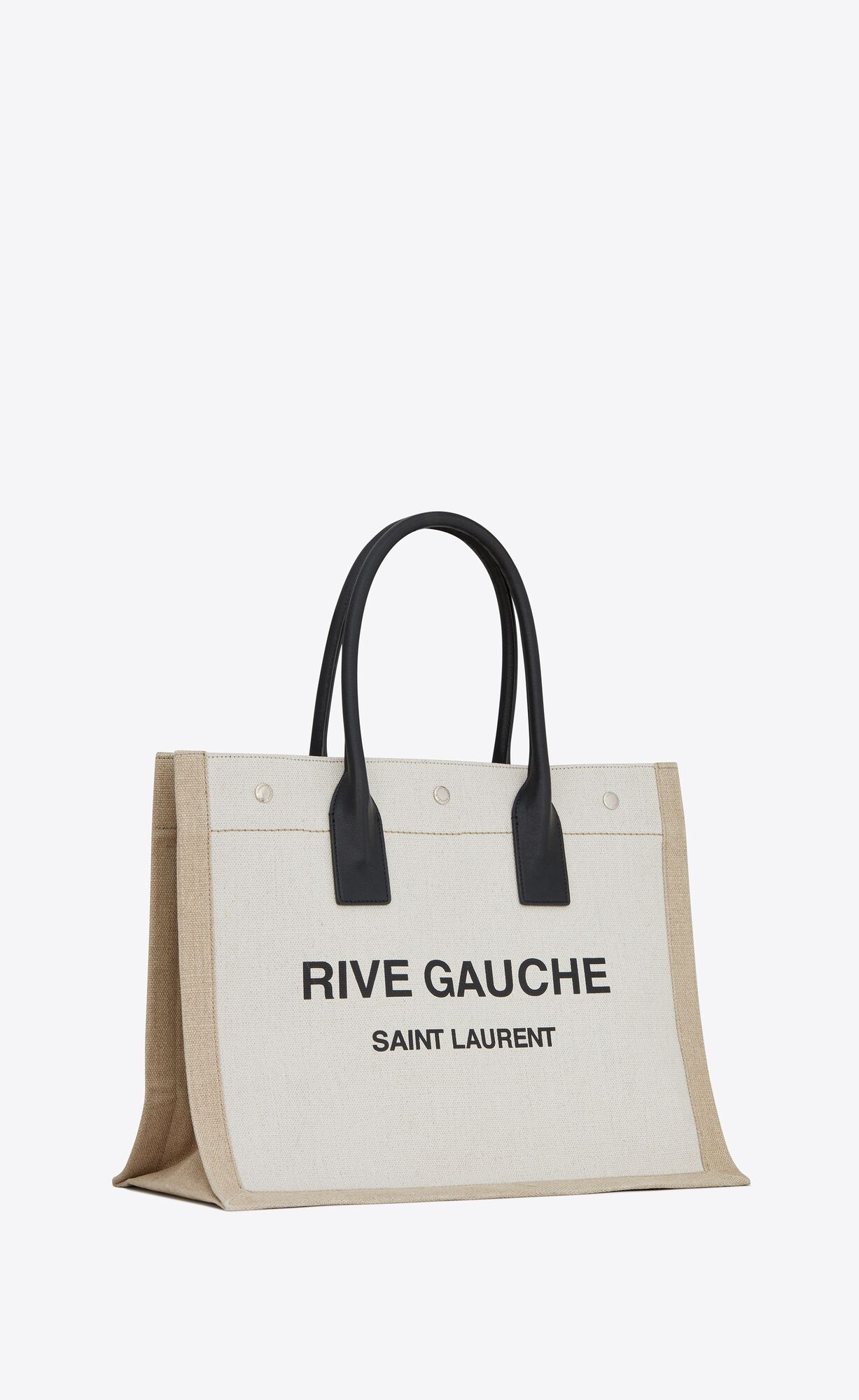 YSL Rive Gauche Small Tote Bag In Linen And Leder Schwarz Beige Schwarz | 70694-MWIF